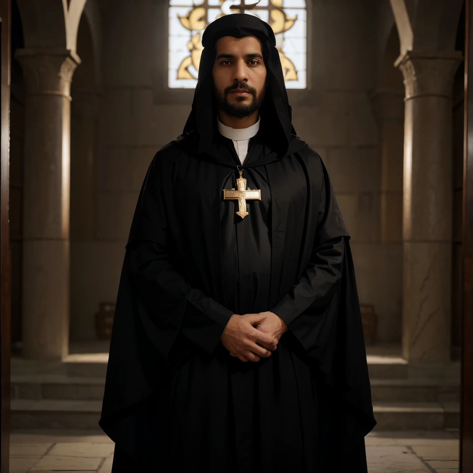 صورة مقربة لرجل يرتدي جلباباأسود أرثوذكسي a priest, Portrait of a male cleric, , He wears a cross on his chest, a priest, Christian saint, Orthodox saint, Wear black robes, Dressed like a cleric