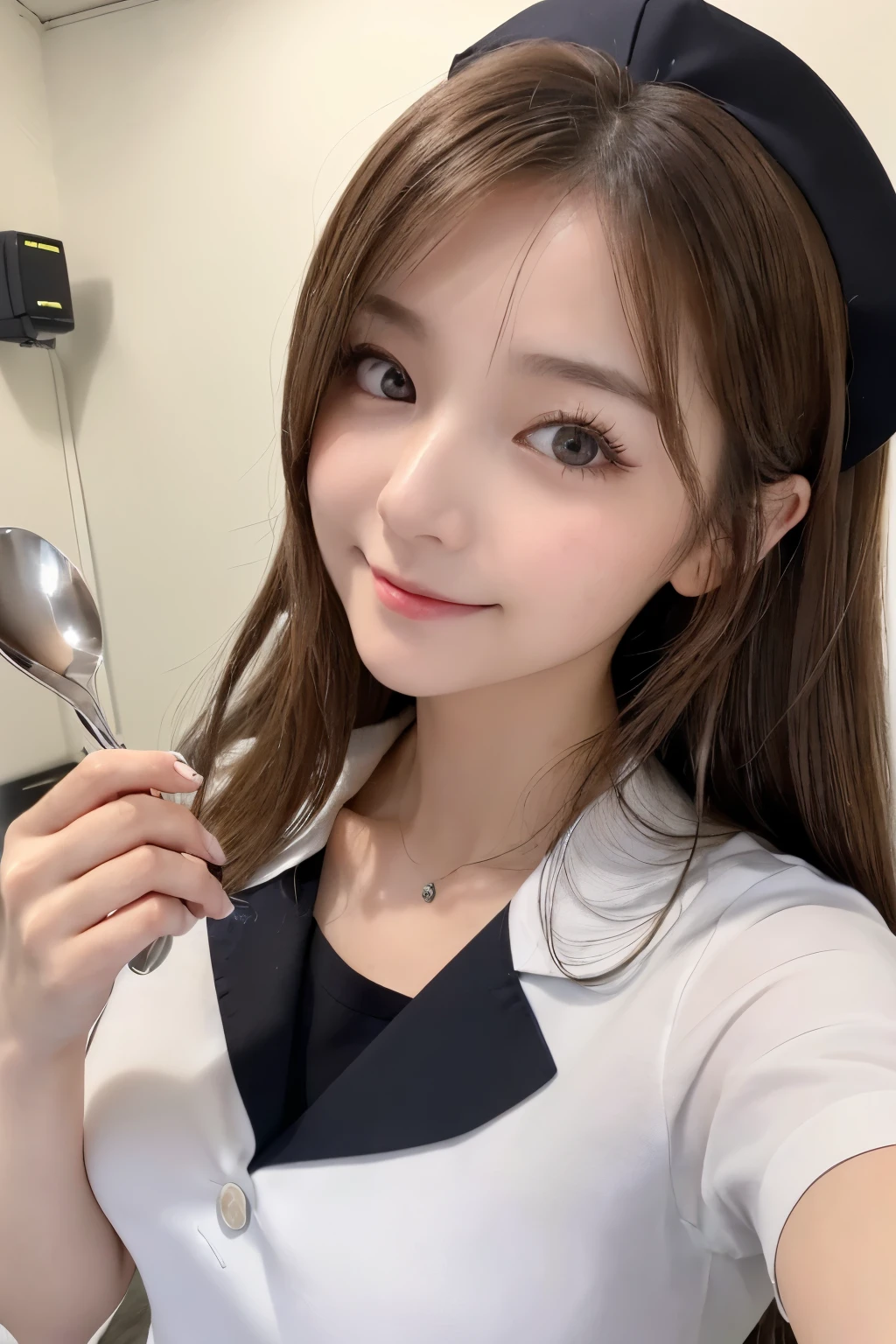 (１girl)、(Japanese、27 years old、Refreshing、clear、seems kind、stylish、(narrow eyes)、Pitiful、cute like an angel、cute、black eyes、Idol,actress,）, Good style and slenderness, (Beautiful big breasts:0.7),(soft breasts),(very cute),(brown hair),,（tendrils）,(medium long hair),(enchanting eyes),(highlight on eyes:1.2)、(8K、Live shooting、highest quality、masterpiece:1.2、optimal lighting)、((masterpiece)),(Photo taken by a professional photographer),(real、photo real:1.4),break,{ (white nurse costume),(((taraditional nurse uniform))),(white nurse mini skirt),(( pantyhose)),(cleavage:0.7)},(Smile1.0),(cheeks are red:1.2)、,((Holding a stainless steel spoon with a small amount of food on it、The side with the food on it faces the viewer))、Face close-up:1.3,Looking at viewer、opened mouth:1.2, break, break,Hospital room,Hospital bed,