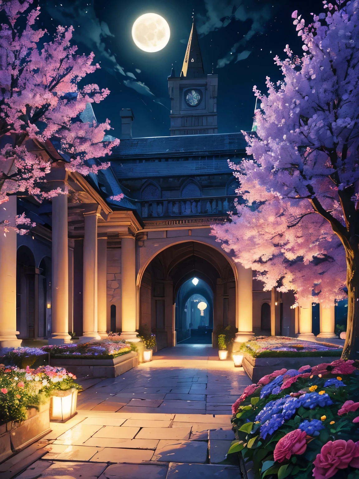 Scnenery,Royal courtyard,Flower garden,scenery, background ,night, beautiful, very beautiful, beautiful moon, ultra detailed, ultra HD, masterpiece 