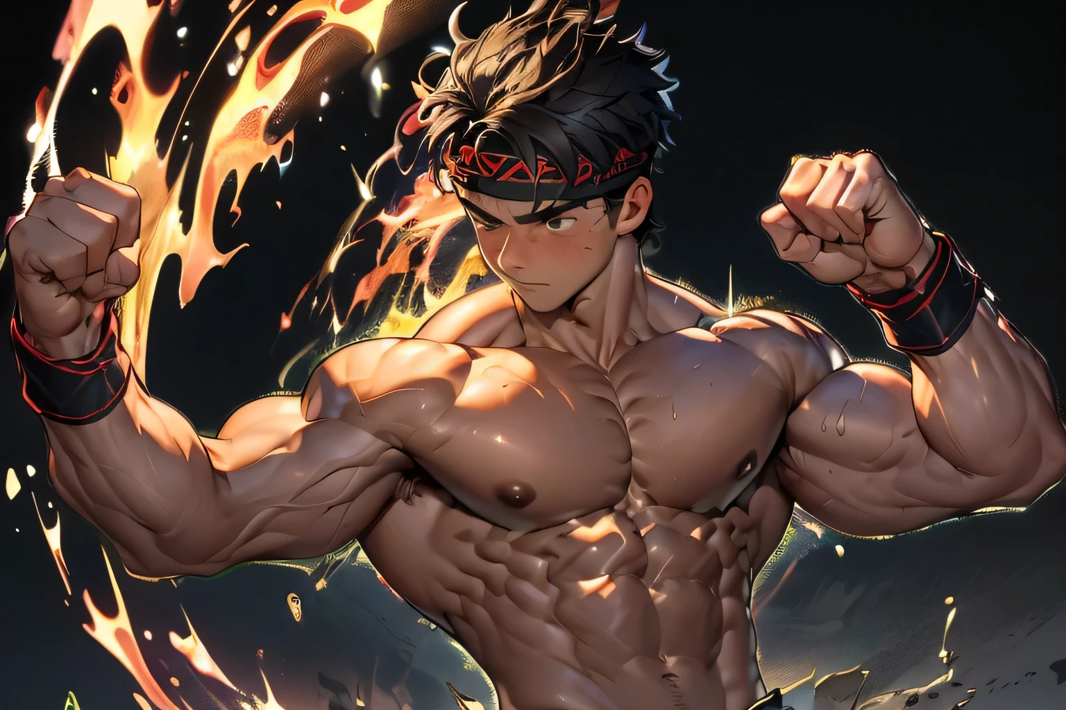 (Masterpiece, Best quality 19 year old boy, black background, bust shot, shoot from front, looking away), solo, Young, boy, muscler, Shirtless, topless, (Dark Short straight hair, under cut, brown eyes), (torn clothes, red headband, ((black wristband))), Vivid colors, (hot Abs:1.2, abs!, big abs, big breast:1.2, chest!, muscler upper arms), (topless male), muscler!, muscler, muscler body, (aura power:1.4), detailed face, detailed muscle, (((A magical mystical aura, rippling muscles, fighting pose)))