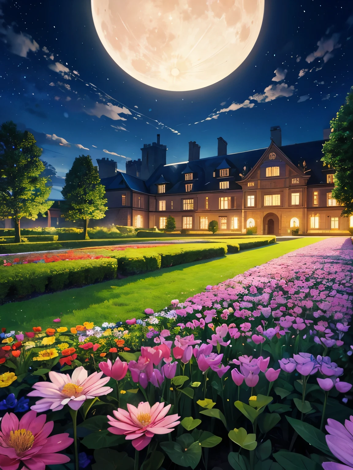 Scnenery,Royal courtyard,Flower garden,scenery, background ,night, beautiful, very beautiful, beautiful moon, ultra detailed, ultra HD, masterpiece 