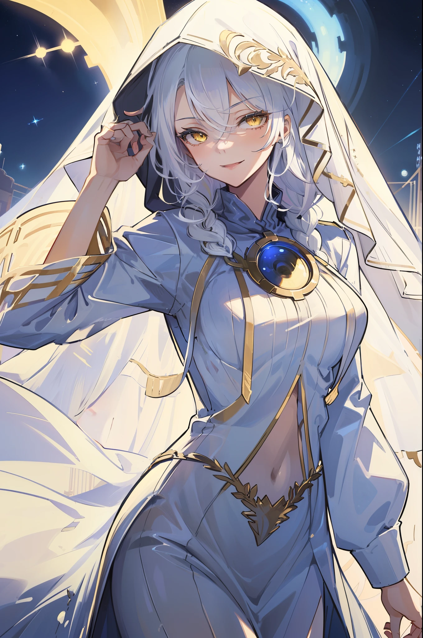 (best quality:1.3), (masterpiece:1.3), (illustration:1.3), (ultra-detailed:1.3), 1girl, solo, ((long hair, white hair, yellow eye)), large breasts, white dress, blue brooch, tall, mature, one hand on hips, old, EOS, braid, night, night sky, starry sky, ((tsurime)), mischievous smile, ((hood, veil)), nice hands, perfect hands,