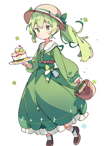 Expressionless face，Anime Style，profile，White background，Green Hair，ribbon，One girl，Bright green eyes，uniform，Long Ponytail，Gorgeous cake dress， Full Body Lesbian，Adorable， skirt，clavicle，long sleeves，Frills， Bucket hat，hair bow, empty eyes, smile