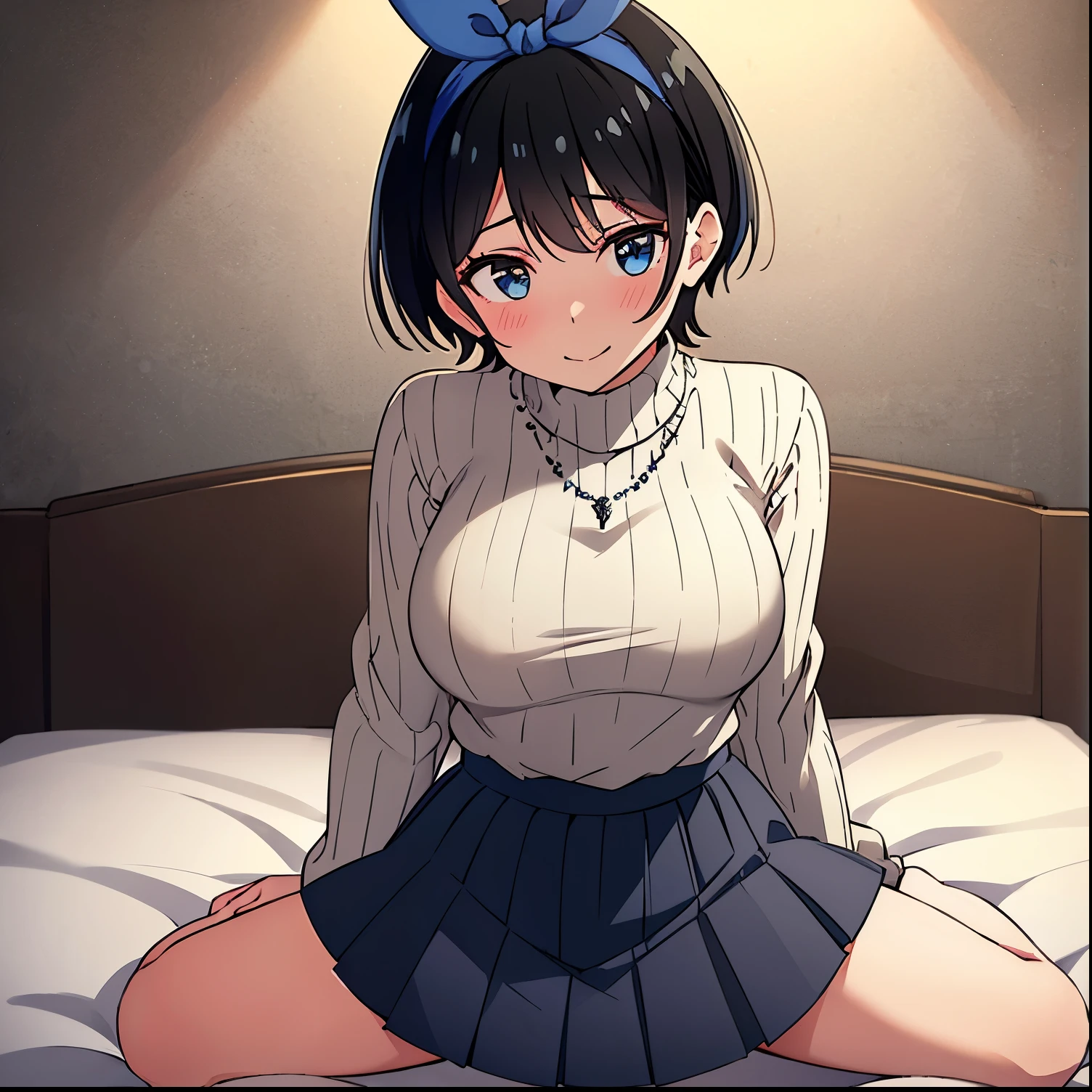 1 girl, solo, ruka sarashina, main piece, high quality, high resolution, jewelry, skirt, sweaters, a necklace, black skirt, blue bow, a woman with dark hair, short hair, black hair, beige ribbed sweater, socks, turtleneck sweater, turtleneck, white sweater, blue eyes, long sleeve, black pleated skirt, bow, bowknot, blue hair band, bangs, big full breasts, medium waist, medium hips, wide thighs, cowboy photo, smile, seductive, embarrassed, hotel room, in bed, on all fours, looking at viewer, point of view (from above), perfect hands, prefect anatomy