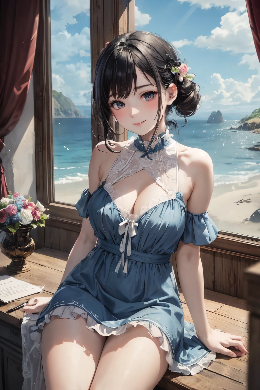 very cute and beautiful girl sitting near window, (floral blue summer dress with detailed frills),sleeveless,detailed lace,(spread legs,white panties), (highly detailed beautiful face),antique hotel bedroom with outside view,distant trees and ocean, (smile),blush,black hair, (best quality,masterpiece:1.0),absurdres,highres,ultra-detailed,extremely detailed,32k,8k resolution, intricate details,cinematic scene,detailed background,solo,dynamic angle, natural lighting,light particles,beautiful detailed sky,