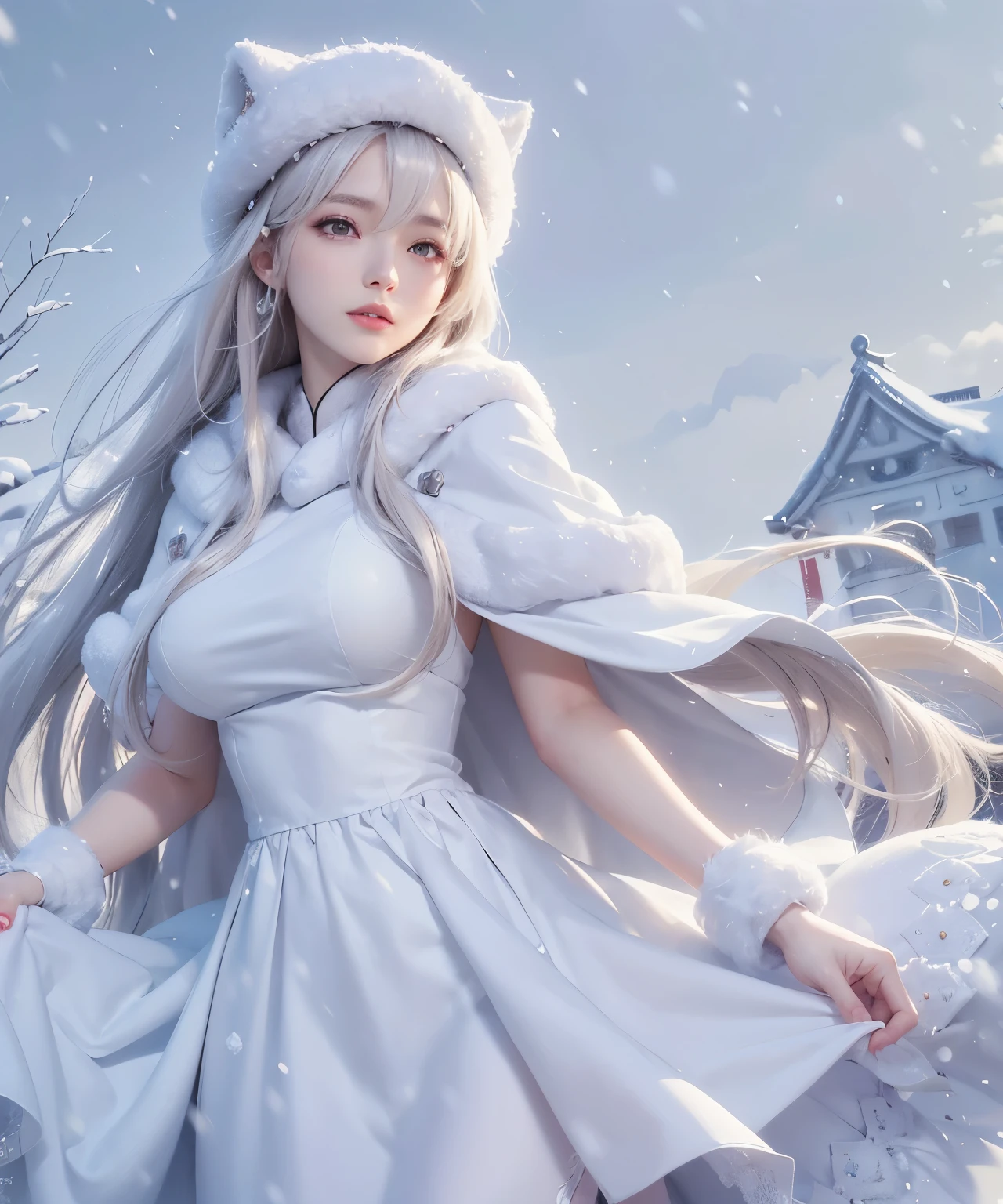 Anime girl in a white fur hat and white dress, Trending on cgstation, artwork in the style of Gweitz, White Anime Barbie, Smooth anime CG art, Gweitz, White cat lady, Gweitz on artstation pixiv, Gweitz on pixiv artstation, Trending on cgstation, Fan Art Best Art Station