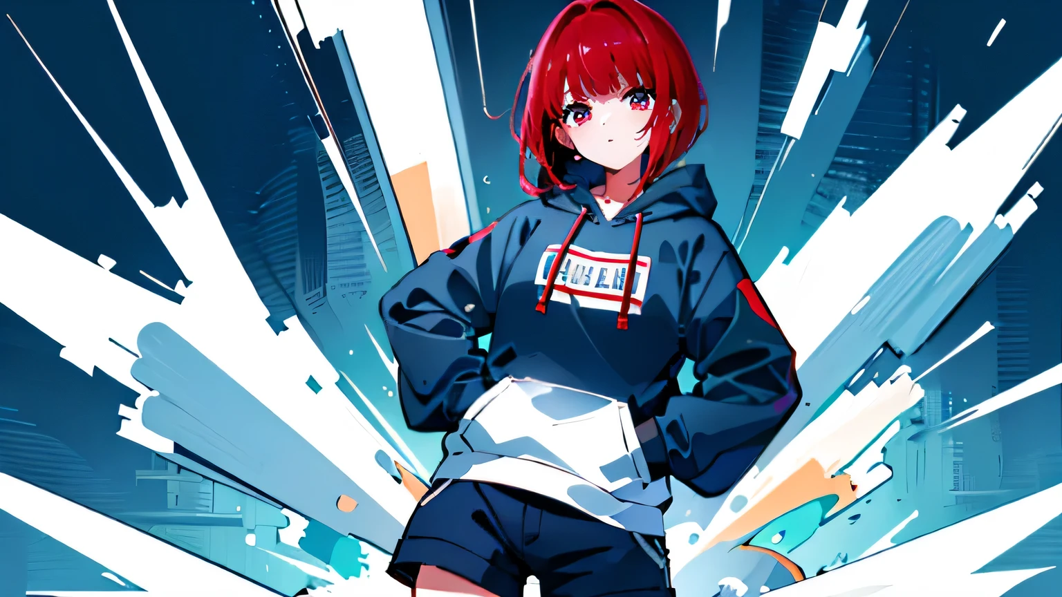 8K resolution、((top-quality))、((masterpiece))、((ultra-detailliert))、1 woman、solo、incredibly absurdness、Oversized hoodies、headphones、Street、plein air、Rain at night、neons、Shortcut Hair、Brightly colored eyes、Hands in pockets、shortpants、water dripping、red hairs、Bob Hair