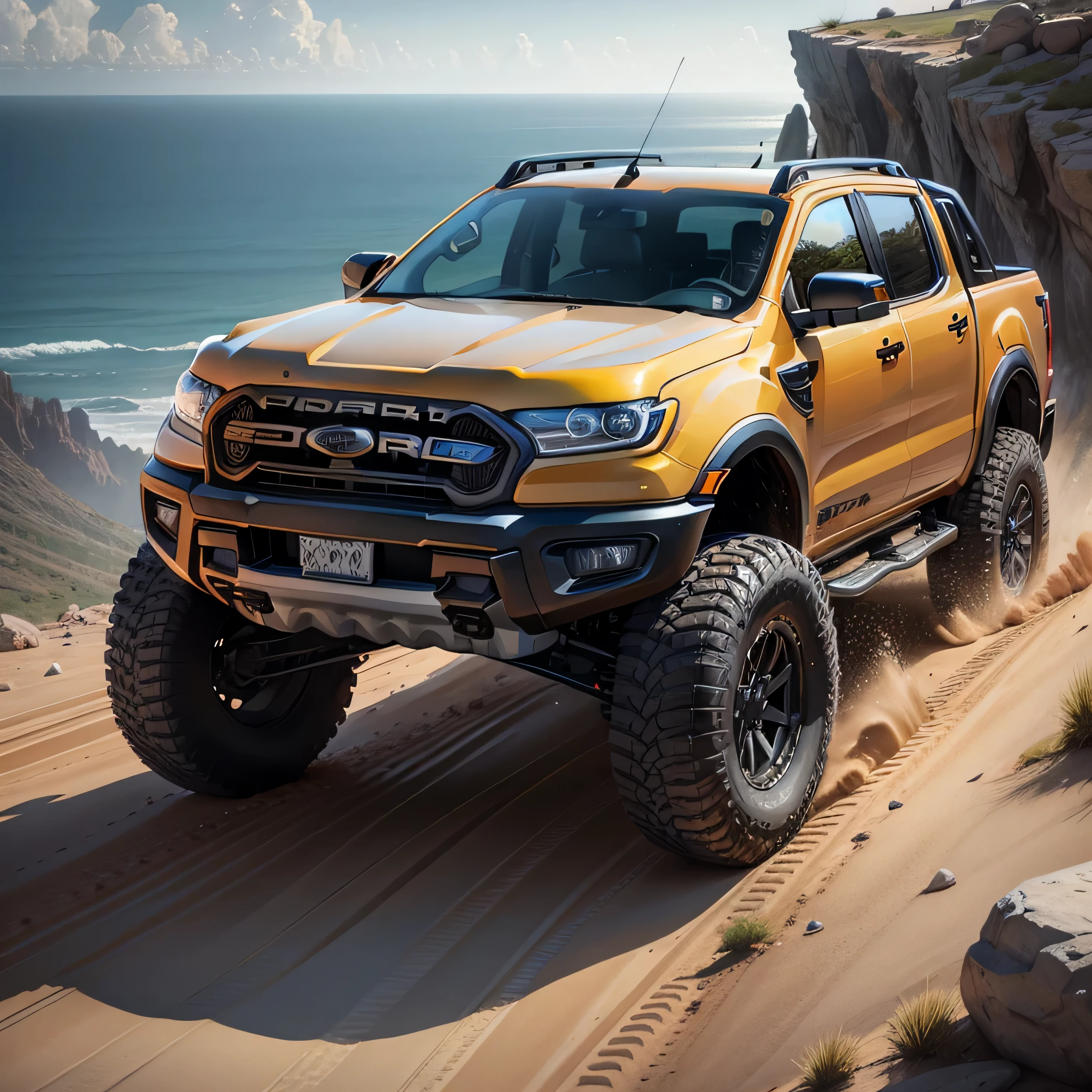 ford ranger 2023, with hamer 4x4 Wrangler car on the edge of the cliff