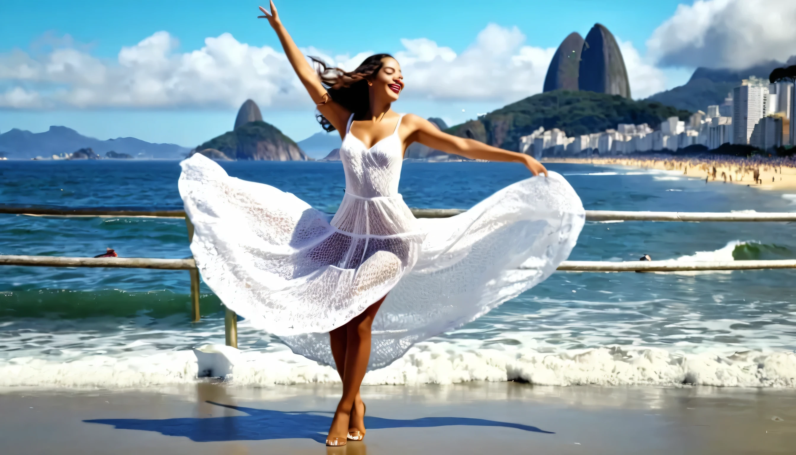 imagem ultra realista; 4k; Dancing woman(((sorrindo))) em Copacabana Beach. rascunho de um desenho