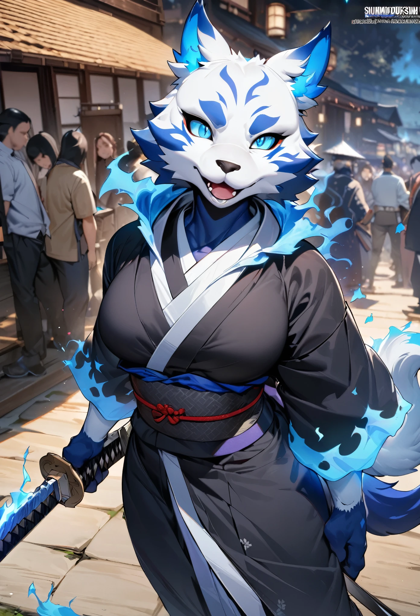 cover page, highres, top quality, best quality, paid reward available, unparalleled masterpiece, perfect artwork, absurdres, High-quality illustrations, super high resolution, detailed background, shuimobysim, perfect anatomy (furry, anthro, kemono, solo focus, Japanese kimono, ninja, samurai, sword with blue flames, battle duels),