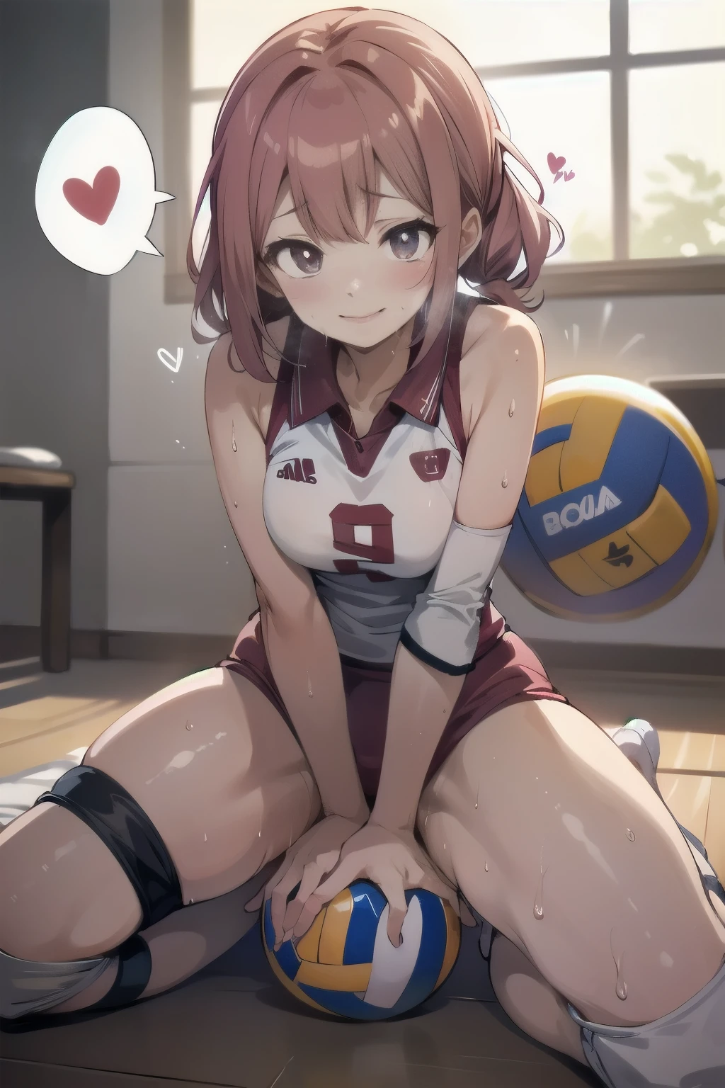 unity 8k wallpaper, anatomically correct, (((masterpiece))), (((best quality))), (((ultra detailed))), (((high-resolution))), ((Ultimate cutie)), perfect hands, perfect finger, (((good anatomy))), detailed beautiful face, shiny hair, (((gyaru))), (potbelly), (curvy), medium breasts, ((Thick thighs)), (((solo))), ((seductive smile)), (((blush))), ((embarrassed expression)), (Eyes are heart marks), (heart shaped pupils), ((trembling)),
BREAK, (((sit astride the perfectly spherical shape 6-inch volleyball))), (((Straddling a perfectly spherical 6" volleyball))), (((Perfectly spherical 6" volleyball fits perfectly crotch))), BREAK, (((Rub the Perfectly spherical 6" volleyball against crotch))), (masturbation),
BREAK, adidas, (Collared volleyball uniforms), sleeveless, ((buruma)), ((kneepad)), ((pussy juice stained)), (elbow pad), (((sweat))), (((covered in sweat))), ((deep breathing)), in Volleyball Court, indoor, lighting, looking at viewer, full body, (spoken heart)