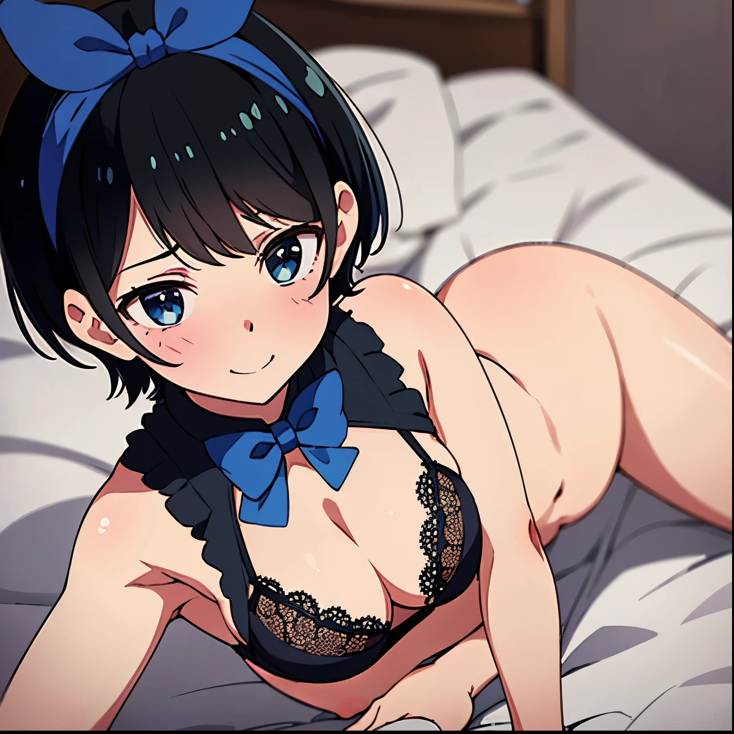 1girl, alone, ruka sarashina, main piece, high quality, high resolution, blue bow, a woman with dark hair, short hair, black hair, blue eyes, black lingerie, black lace bra, black lace thong, bow, bow , blue headband, bangs, big full breasts, cleavage, medium waist, medium hips, wide thighs, cowboy photo, smile, seductive, embarrassed, hotel room, in bed, on all fours, looking at viewer, point of view (from above), perfect hands, perfect anatomy