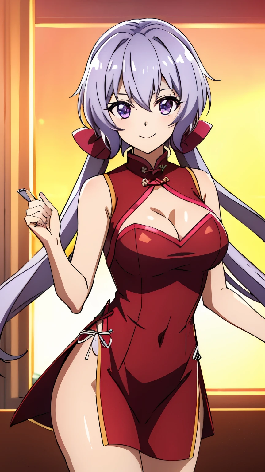 (best quality, 8K, high resolution, masterpiece:1.2), anime art style, yukine chris, 1 girl, perfect face, perfect eyes, large medium breasts, silver hair, low twin tails, pink hair ribbon purple eyes, thin twin tails, long hair, soft expression, alone, (red cheongsam, cleavage, smile, stylish pose, stylish angle, cowboy shot), viewer appreciation