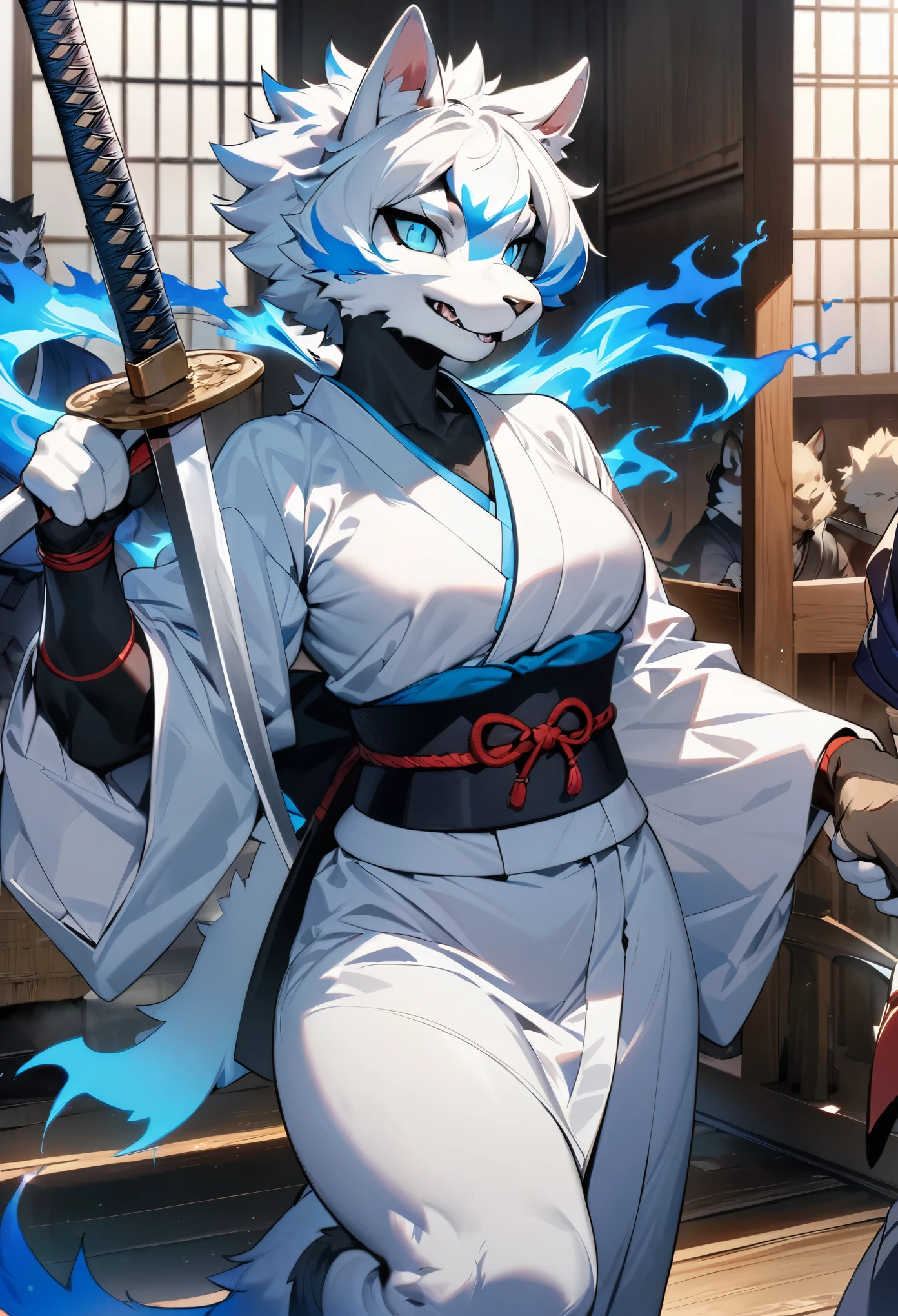 cover page, highres, top quality, best quality, paid reward available, unparalleled masterpiece, perfect artwork, absurdres, High-quality illustrations, super high resolution, detailed background, shuimobysim, perfect anatomy (furry, anthro, kemono, solo focus, Japanese kimono, ninja, samurai, sword with blue flames, battle duels),