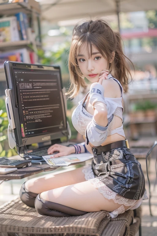 1girl, solo, breasts, skirt, thighhighs, computer, laptop, long_hair, bra, underwear, shirt, cleavage, brown_hair, looking_at_viewer, white_shirt, indoors, lace_trim, black_skirt, pencil_skirt, blurry_background, blurry, parted_lips, office_lady, open_shirt, long_sleeves, realistic, open_clothes, lace-trimmed_legwear, medium_breasts, bookshelf, book, lips, miniskirt, black_thighhighs, leaning_forward, lace, blue_eyes, lace-trimmed_bra