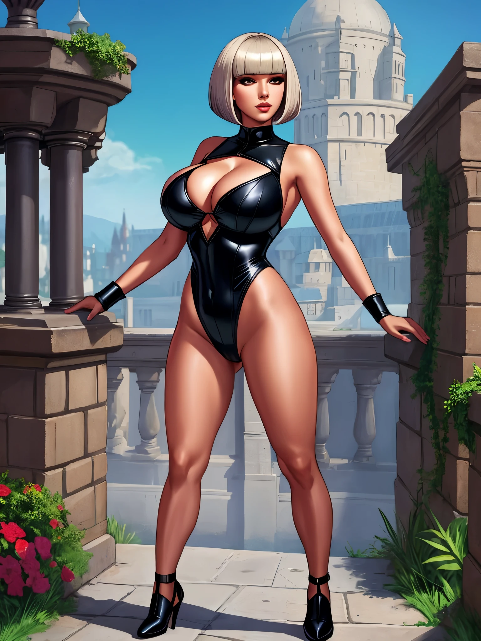 black leotard, full body shot, cleavage, gorgeous woman, tight clothes, bobcut hair,  assassin, fantasy setting, rubies