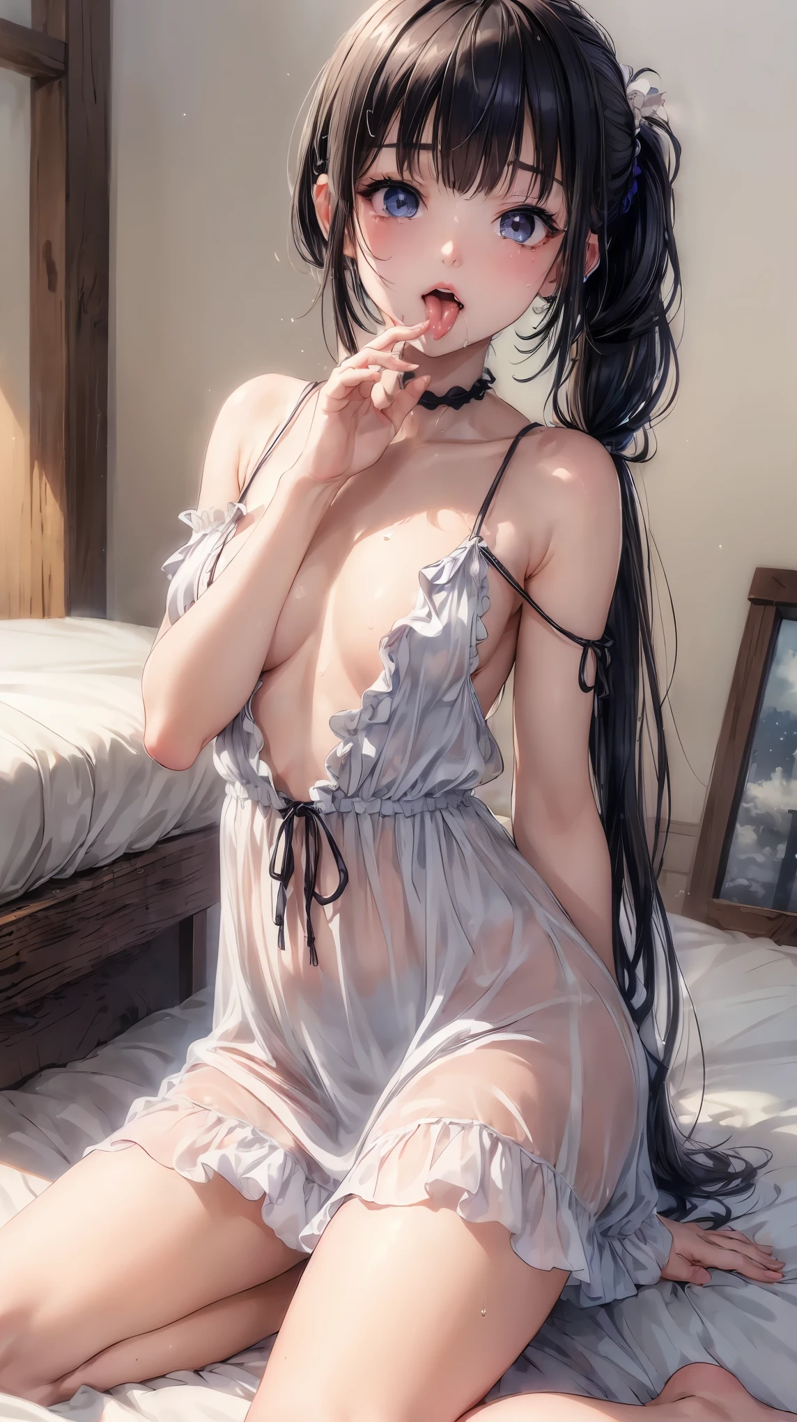 Super detailed(eye:1.7),highest quality、Best image quality、On the bed、Beautiful valley、Disheveled clothes、thin、Humiliated face、Dog Pose、Super detailed、Small breasts、Light Particles 0.5、Moist eyes、Wet body、lick、Open your mouth、Sticking out tongue、dripping cloudy saliva、Small face、Summer Dresses、Up ponytail