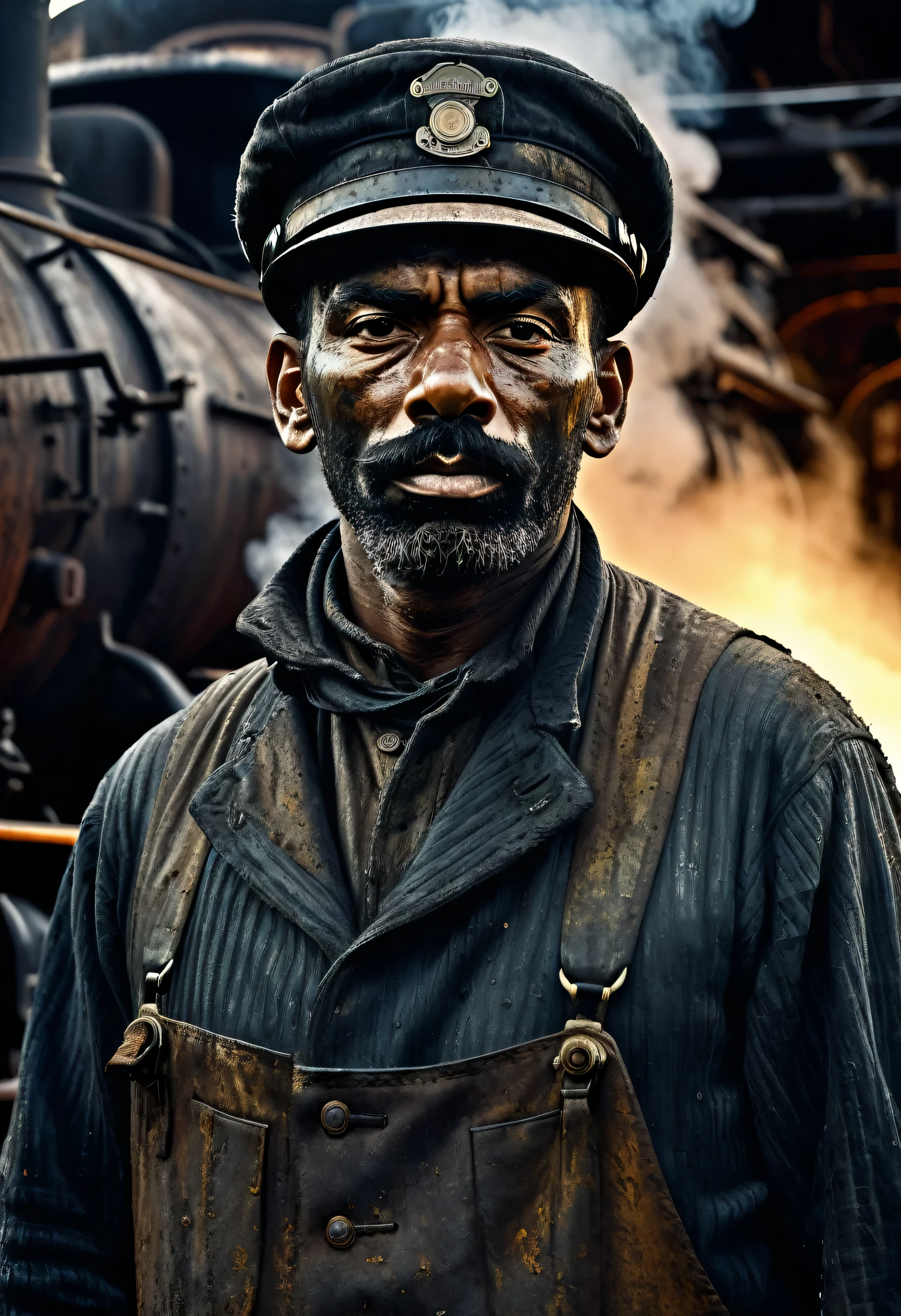 Cinematic Portrait  render of gritty Steam Locomotive, dark tones with dramatic light and shadow, front view of Steam Locomotive worker in filthy oil-stained clothing, face creased with strain and grime from back-breaking labor, photorealism, 1910s industrial setting ,((( The Steam Locomotive in Background)))