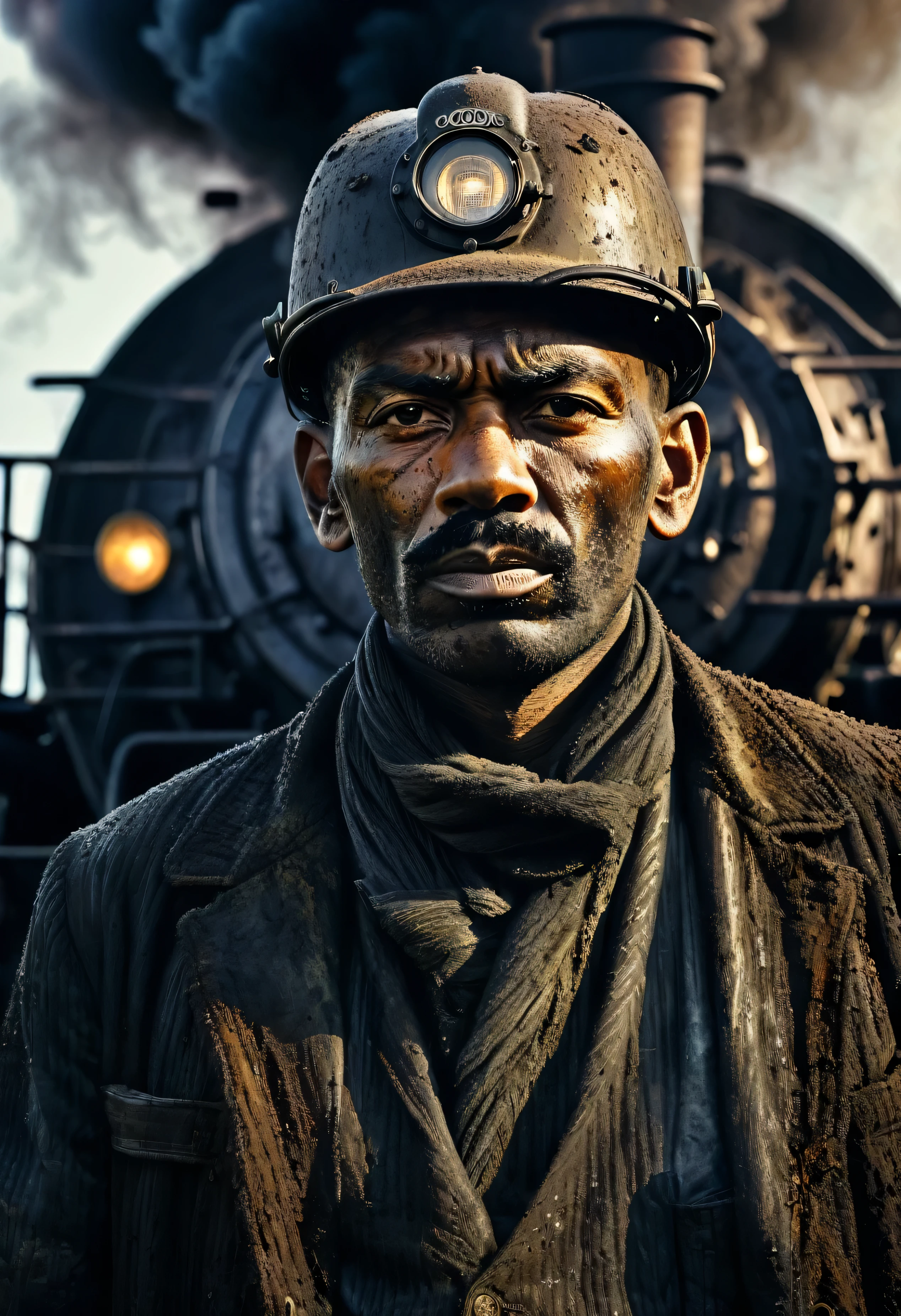 Cinematic Portrait render of gritty Steam Locomotive, dark tones with dramatic light and shadow, front view of Steam Locomotive worker in filthy oil-stained clothing, face creased with strain and grime from back-breaking labor, photorealism, 1910s industrial setting ,((( The Steam Locomotive in Background)))