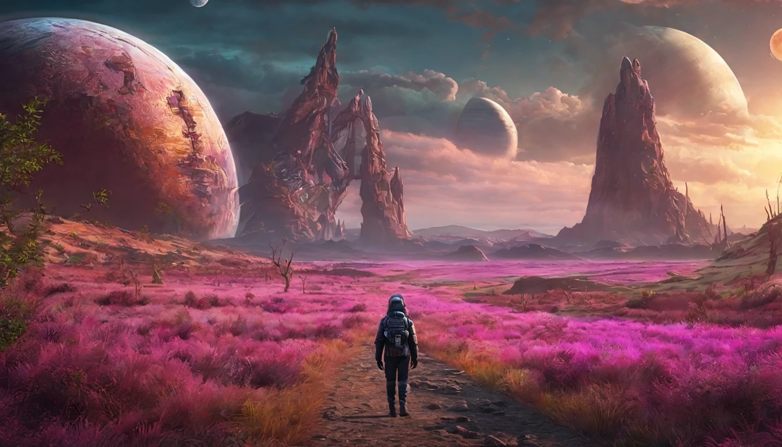 Strange alien landscape, Twin Suns, Atmospheric Color, fields, Background tree々, Dense foliage, animal, picturesque, photograph, synthwave