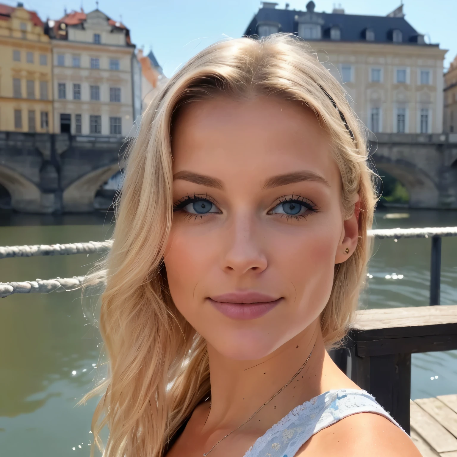 photo du corps d&#39;une blonde de 24 ans (femme aux yeux bleus), polonaise, walking next to the Vltava river in Prague, gros seins, Aube de la ville de Prague, (vêtements de fitness noirs), (encolure), details (textures! , cheveux! , paillettes, Couleur!! , disadvantages: 1.1), yeux brillants avec beaucoup de details (En regardant la caméra), Reflex lighting, Appareil photo reflex, Ultra-quality, acuity, profondeur de champ, Grain du film (centre), Fujifilm XT3, clair comme de l&#39;eau de roche, frame centre, beau visage, sharpness, lampadaire, jour, (jour sky), detailed skin pores, la peau grasse, coup de soleil, complex eye details, Photo du corps entier, gros seins