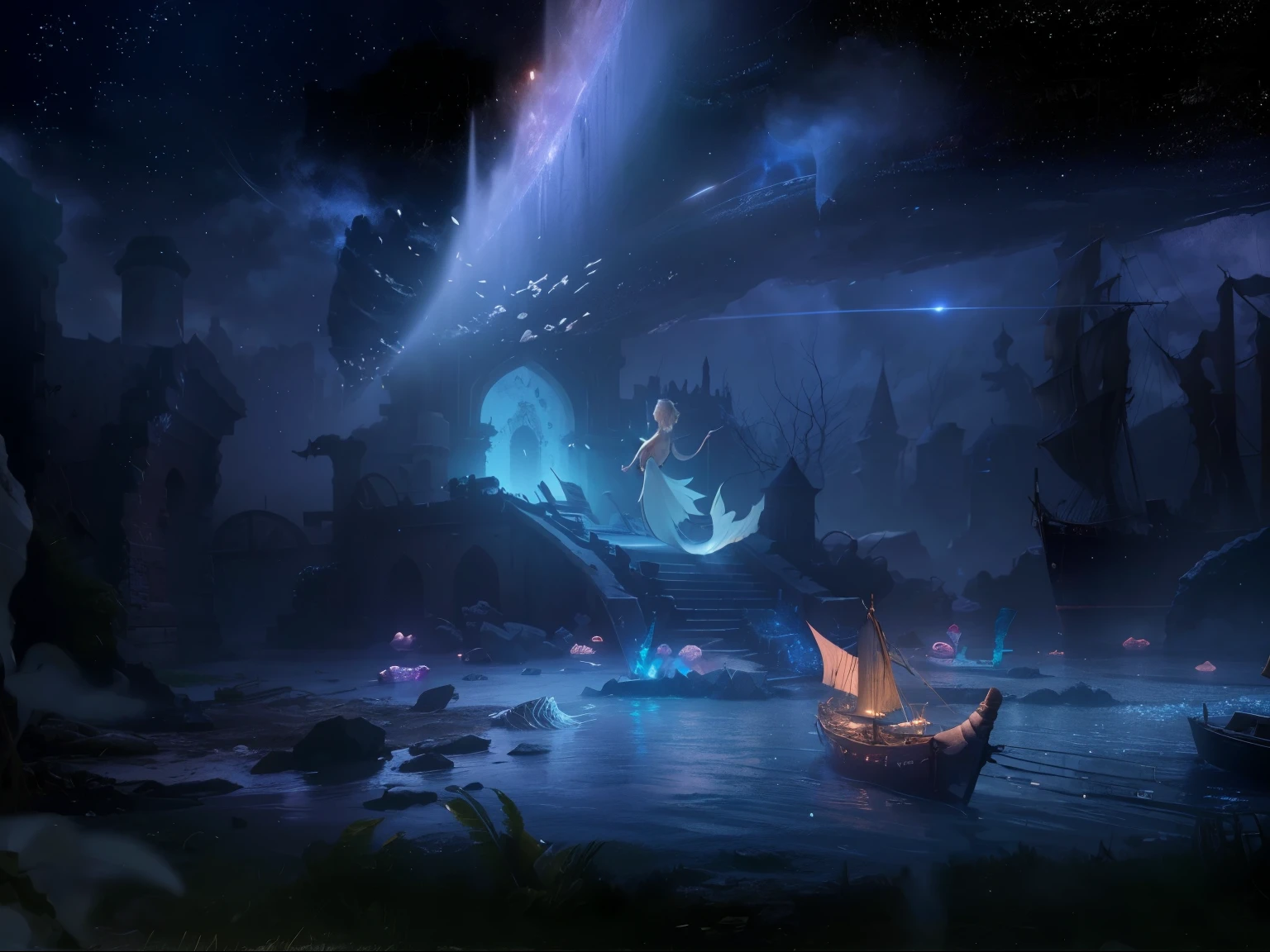 A small boat made of conch is docked next to a ruin.,In the center of the picture, there is a mermaid-like spirit floating in the air.,High quality details,8k
