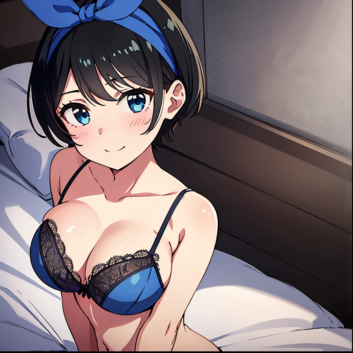 1girl, alone, ruka sarashina, main piece, high quality, high resolution, blue bow, a woman with dark hair, short hair, black hair, blue eyes, black lingerie, black lace bra, black lace thong, bow, bow , blue headband, bangs, big full breasts, cleavage, medium waist, medium hips, wide thighs, cowboy photo, smile, seductive, embarrassed, hotel room, in bed, on all fours, looking at viewer, point of view (from above), perfect hands, perfect anatomy