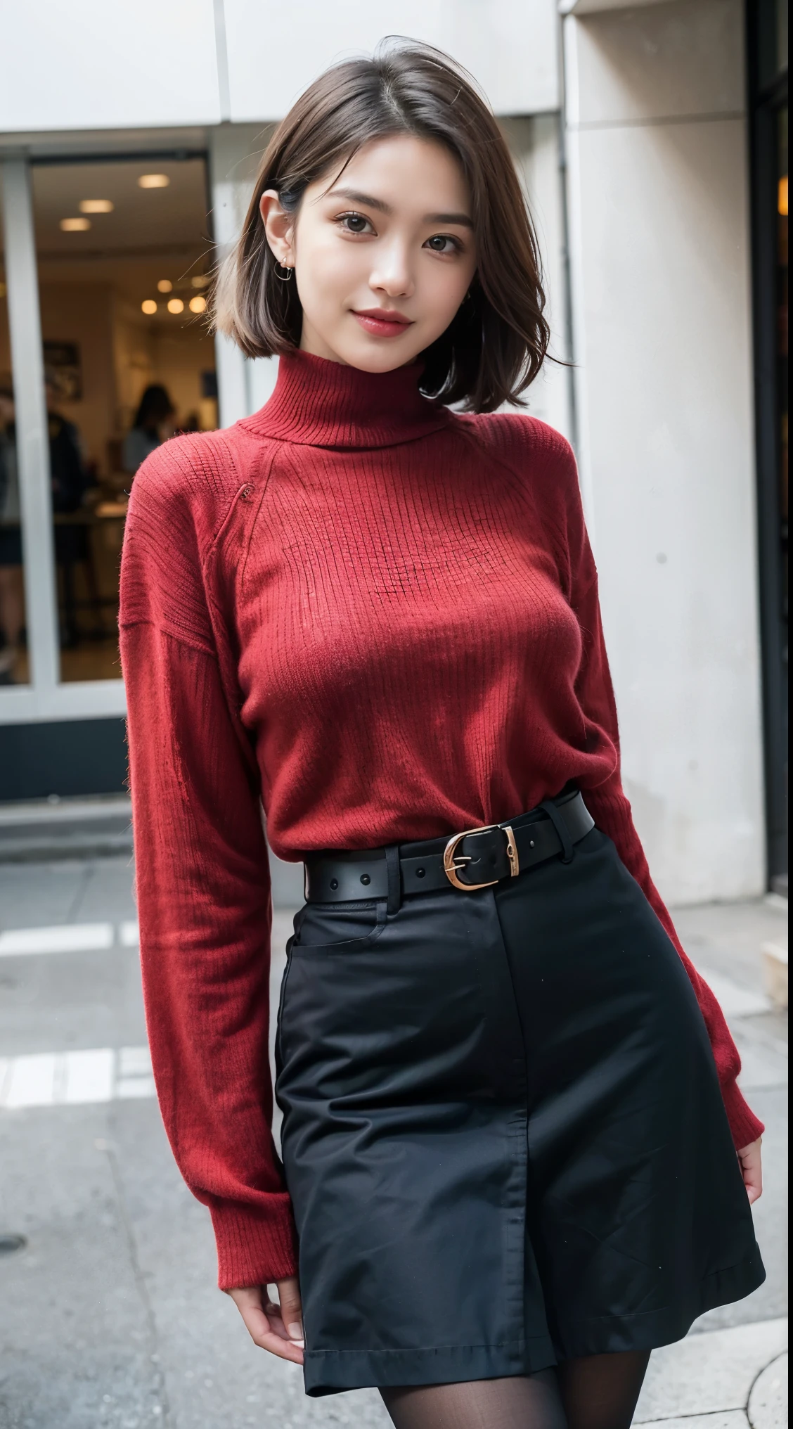 Beautiful girl standing in front of a store in a shopping mall,
(Surreal,High resolution, Very detailed:1.2), (8k), (Beautiful and beautiful eyes, Detailed face:1.2), (highest quality), (Very detailed), (( Mastepiece)),highest quality,Very detailed,
Beautiful woman standing wearing a dark red checked single-breasted blazer ,break, White turtleneck sweater,
High-waisted flared jumper skirt with blue belt, (Ultra-realistic pantyhose), full body shot、
Black Medium Bob, Fine and beautiful eyes, Cute face, bust, Big Boss, Fine and beautiful features, Captivating smile,
Age 25, Mature, Realistic drawing art , 
1 female, (Whole Body Ezbian:1.2),(頭からbustへの画像スコープ),