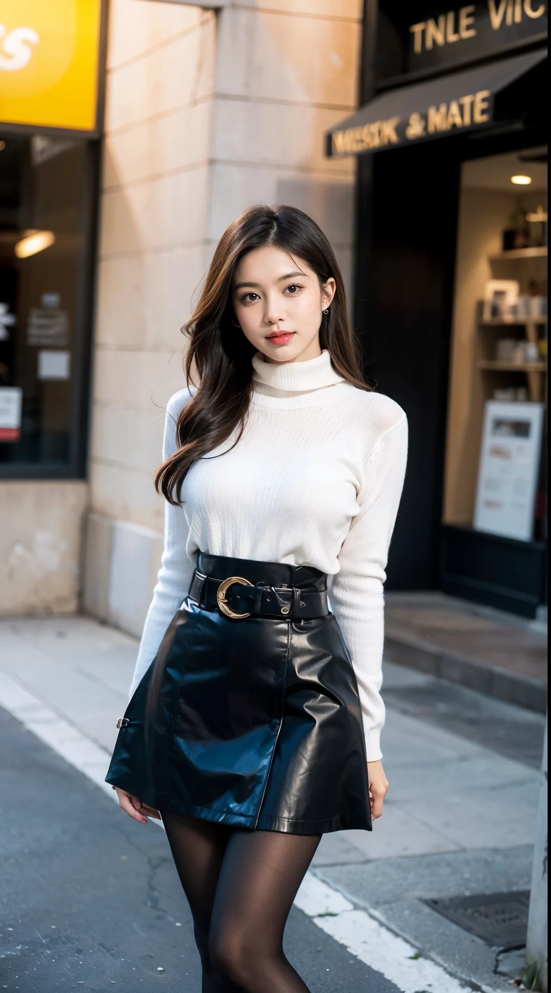 （tmasterpiece，The best quality at best）， Femmes beutiful，Detail high turtleneck without sleeves， Pantalon， collier choker， Wavy curly hair， s le visage parfait， visage magnifique， The neckline is attractive， De grands yeux magnifiques， la bouche ouverte， cheerfulness， Corps mince parfait， （Dehors）， La rue de la ville， New York (United States)， couleurs vives