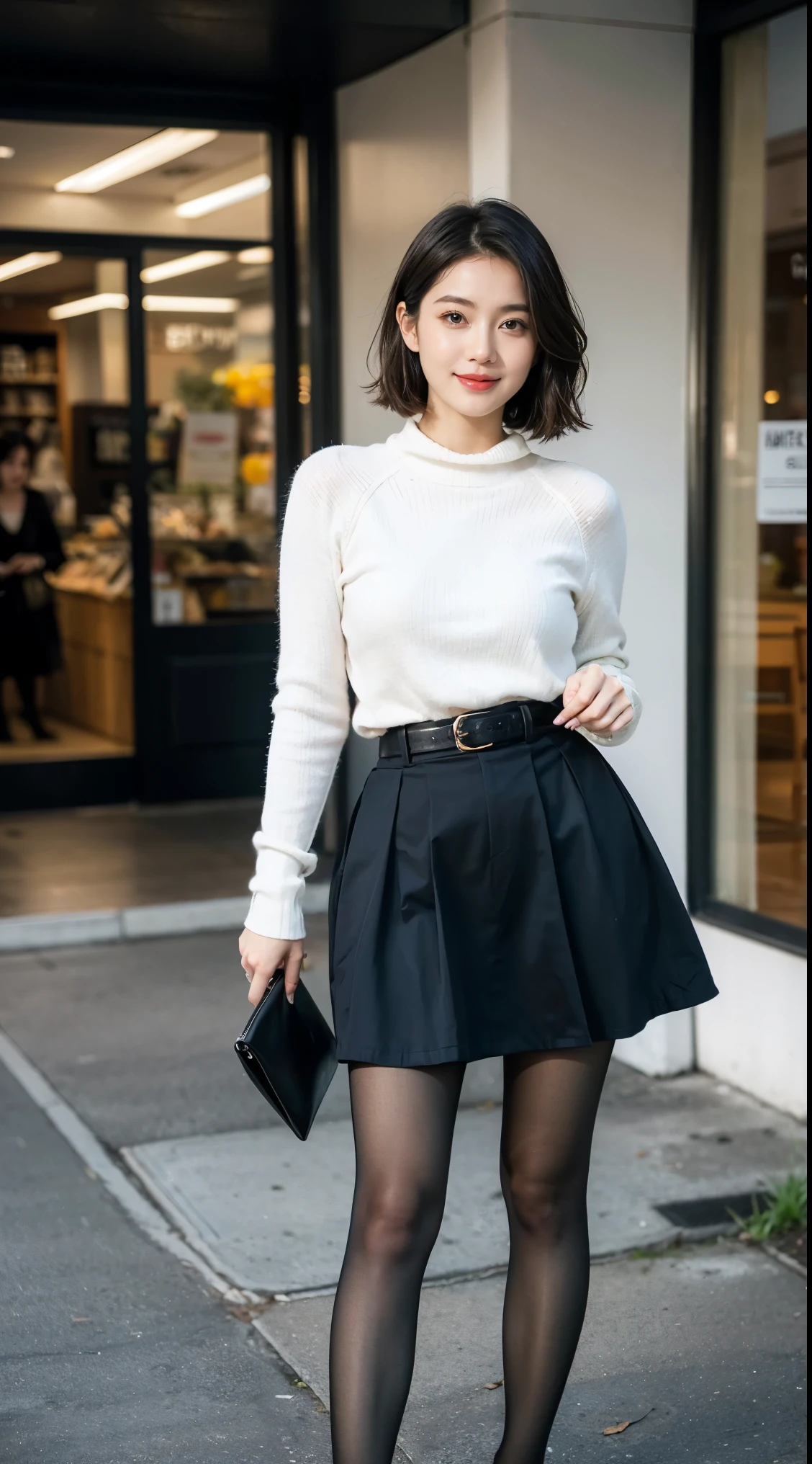 Beautiful girl standing in front of a store in a shopping mall,
(Surreal,High resolution, Very detailed:1.2), (8k), (Beautiful and beautiful eyes, Detailed face:1.2), (highest quality), (Very detailed), (( Mastepiece)),highest quality,Very detailed,
Beautiful woman standing wearing a dark red checked single-breasted blazer ,break, White turtleneck sweater,
High-waisted flared jumper skirt with blue belt, (Ultra-realistic pantyhose), full body shot、
Black Medium Bob, Fine and beautiful eyes, Cute face, bust, Big Boss, Fine and beautiful features, Captivating smile,
Age 25, Mature, Realistic drawing art , 
1 female, (Whole Body Ezbian:1.2),(頭からbustへの画像スコープ),