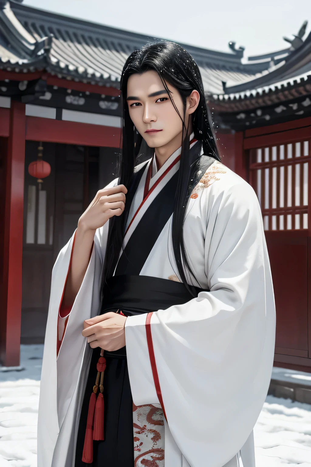 A man with long black hair, a snow-white face, black eyes, and wearing an ancient Chinese Hanfu dress