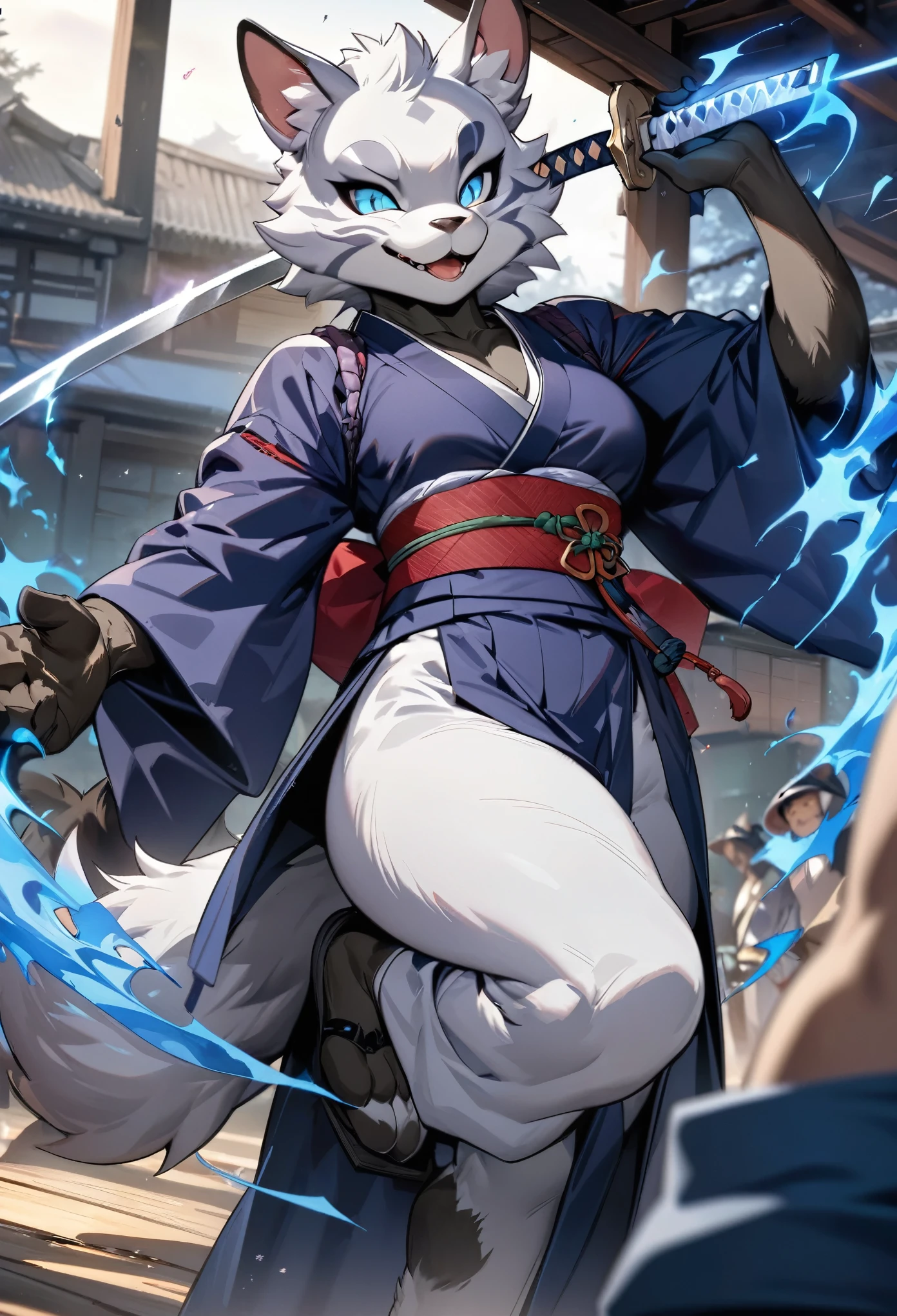 cover page, highres, top quality, best quality, paid reward available, unparalleled masterpiece, perfect artwork, absurdres, High-quality illustrations, super high resolution, detailed background, shuimobysim, perfect anatomy (furry, anthro, kemono, solo focus, Japanese kimono, ninja, samurai, sword with blue flames, battle duels),