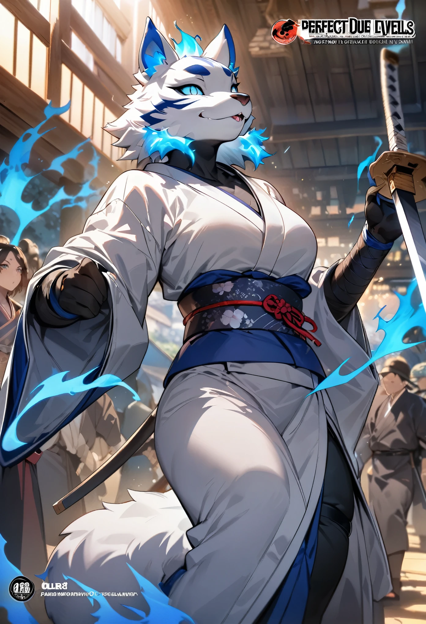 cover page, highres, top quality, best quality, paid reward available, unparalleled masterpiece, perfect artwork, absurdres, High-quality illustrations, super high resolution, detailed background, shuimobysim, perfect anatomy (furry, anthro, kemono, solo focus, Japanese kimono, ninja, samurai, sword with blue flames, battle duels),