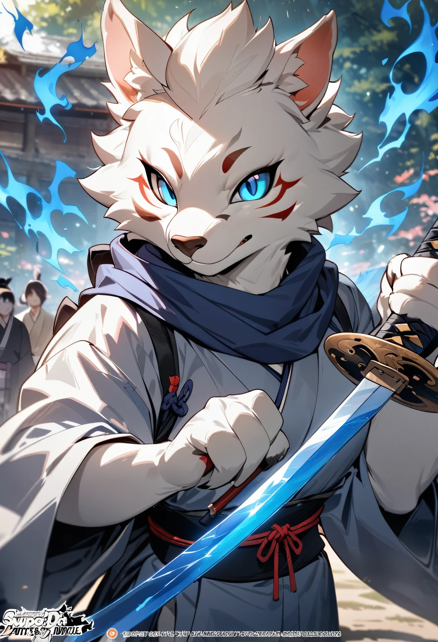 cover page, highres, top quality, best quality, paid reward available, unparalleled masterpiece, perfect artwork, absurdres, High-quality illustrations, super high resolution, detailed background, shuimobysim, perfect anatomy (furry, anthro, kemono, solo focus, Japanese kimono, ninja, samurai, sword with blue flames, battle duels),