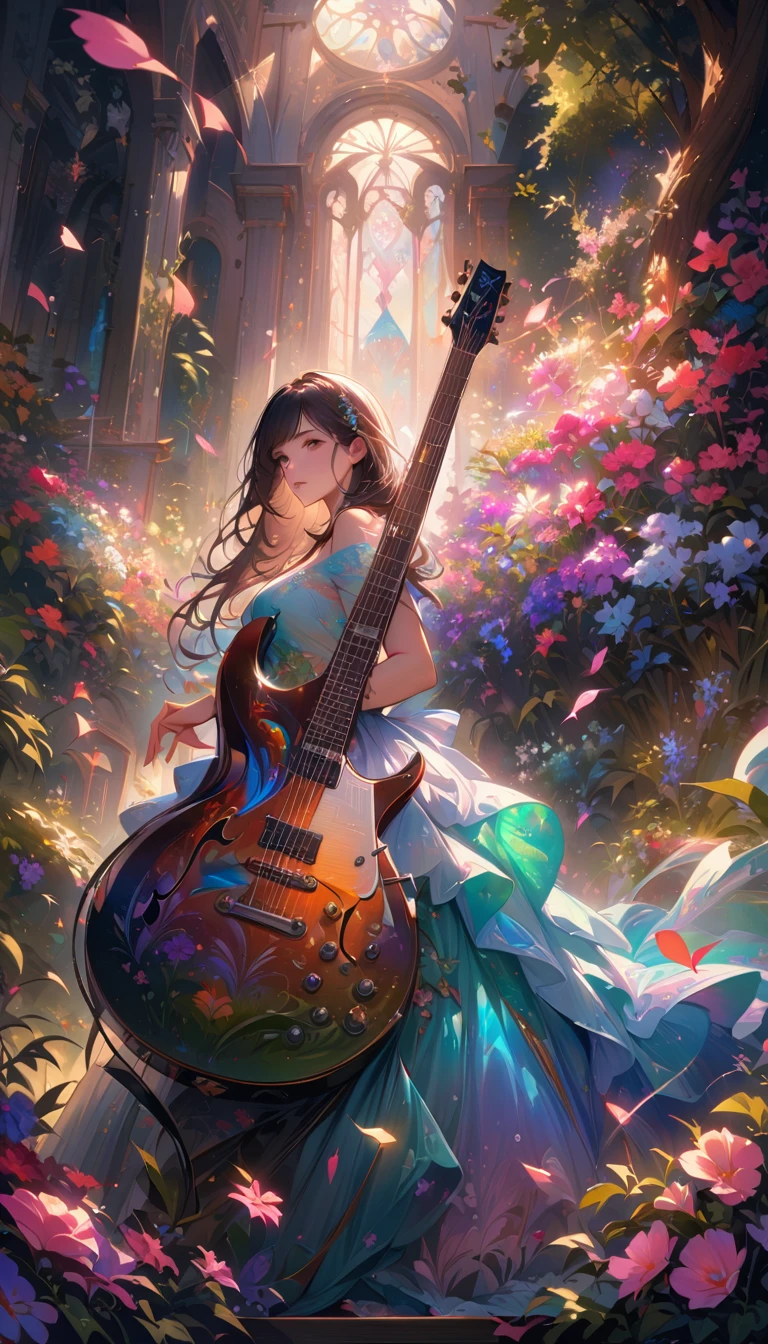 (best quality,4k,8k,highres,masterpiece:1.2),ultra-detailed,realistic,crystal-clear guitar carving,translucent morning of spring,sunlight reflection on guitar,body details,delicate strings,vibrant color palette,sculpting tools,hourglass figure,sound holes,elegant curves,polished surface,delicate engravings,effects of light and shadow,subtle reflections,shimmering surface,sparkling gemstones,flower petals falling,floral patterns,emerald accents throughout,transparent springtime essence,ethereal atmosphere,peaceful garden background,serene ambiance,morning dew,soft sunlight filtering through trees,lush greenery,vividly colored blossoms,harmonious blend of nature and art,impeccable craftsmanship,transcendent beauty,awe-inspiring artwork