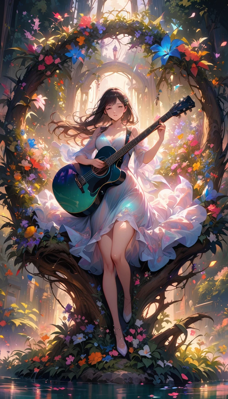 (best quality,4k,8k,highres,masterpiece:1.2),ultra-detailed,realistic,crystal-clear guitar carving,translucent morning of spring,sunlight reflection on guitar,body details,delicate strings,vibrant color palette,sculpting tools,hourglass figure,sound holes,elegant curves,polished surface,delicate engravings,effects of light and shadow,subtle reflections,shimmering surface,sparkling gemstones,flower petals falling,floral patterns,emerald accents throughout,transparent springtime essence,ethereal atmosphere,peaceful garden background,serene ambiance,morning dew,soft sunlight filtering through trees,lush greenery,vividly colored blossoms,harmonious blend of nature and art,impeccable craftsmanship,transcendent beauty,awe-inspiring artwork