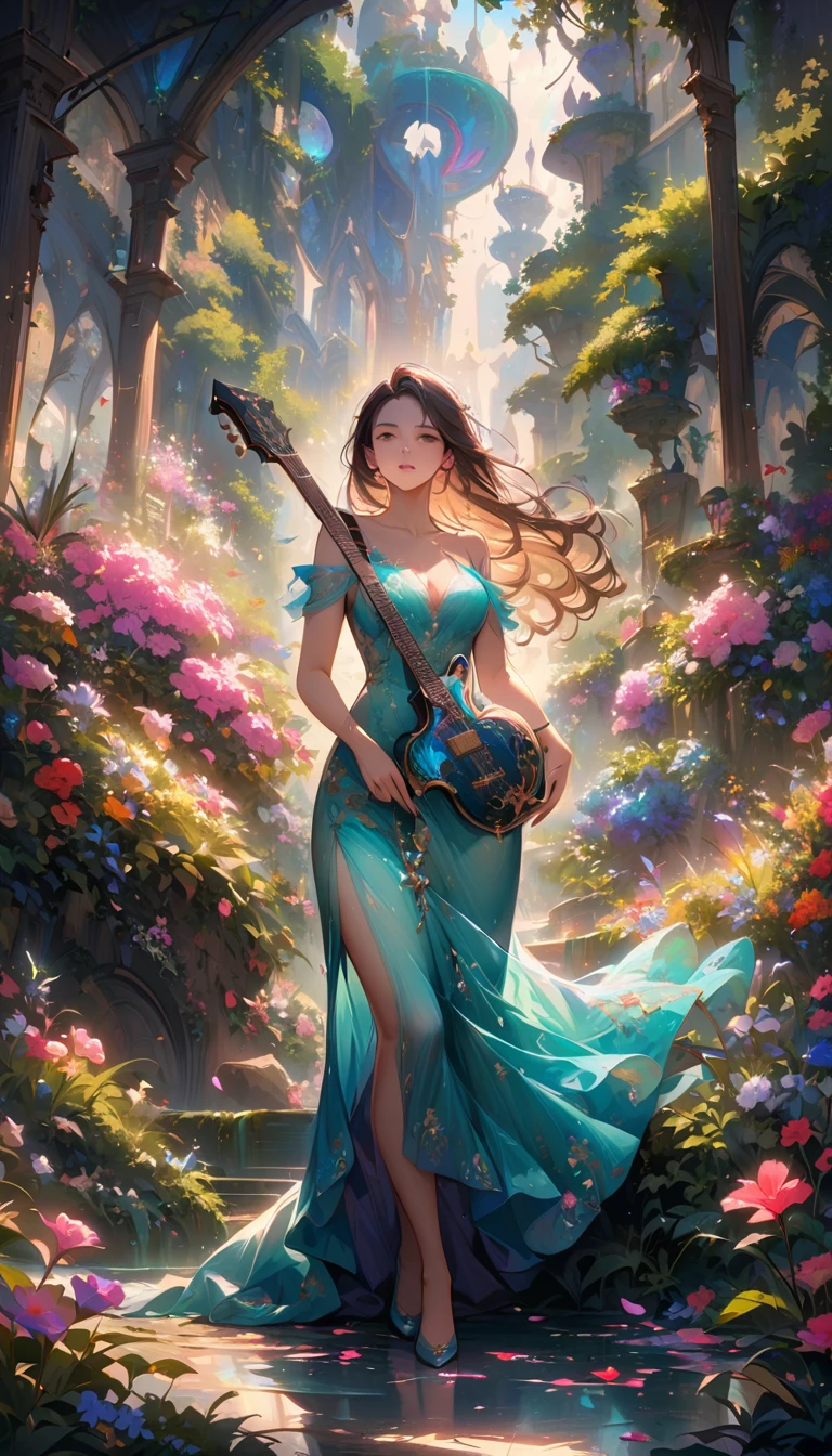 (best quality,4k,8k,highres,masterpiece:1.2),ultra-detailed,realistic,crystal-clear guitar carving,translucent morning of spring,sunlight reflection on guitar,body details,delicate strings,vibrant color palette,sculpting tools,hourglass figure,sound holes,elegant curves,polished surface,delicate engravings,effects of light and shadow,subtle reflections,shimmering surface,sparkling gemstones,flower petals falling,floral patterns,emerald accents throughout,transparent springtime essence,ethereal atmosphere,peaceful garden background,serene ambiance,morning dew,soft sunlight filtering through trees,lush greenery,vividly colored blossoms,harmonious blend of nature and art,impeccable craftsmanship,transcendent beauty,awe-inspiring artwork