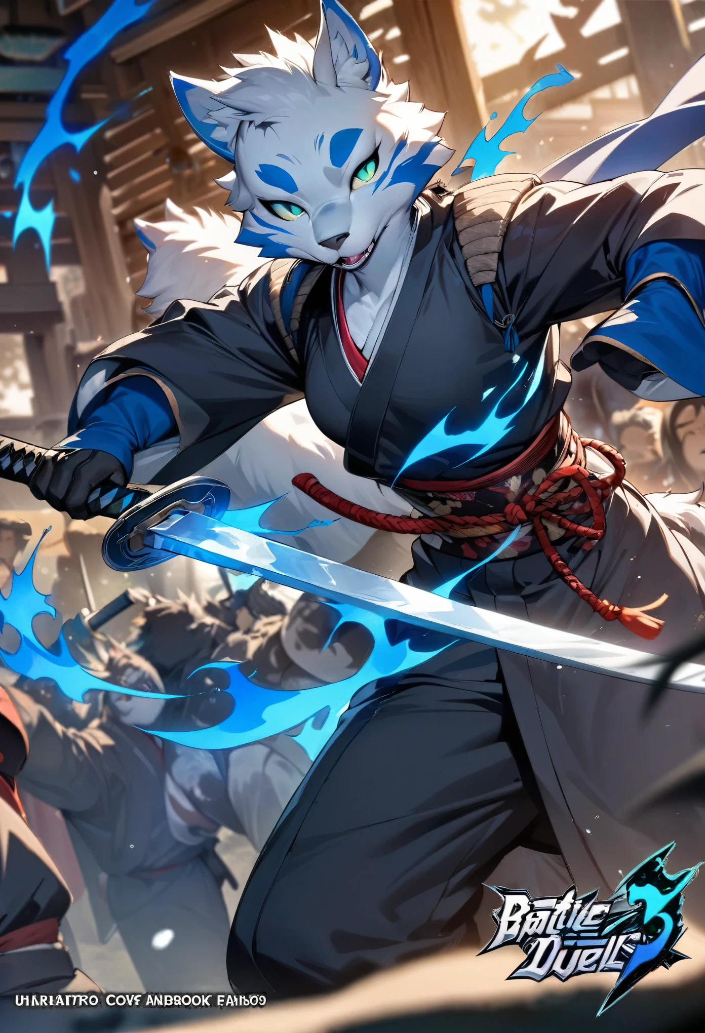 cover page, highres, top quality, best quality, paid reward available, unparalleled masterpiece, perfect artwork, absurdres, High-quality illustrations, super high resolution, detailed background, shuimobysim, perfect anatomy (furry, anthro, kemono, solo focus, Japanese kimono, ninja, samurai, sword with blue flames, battle duels),
