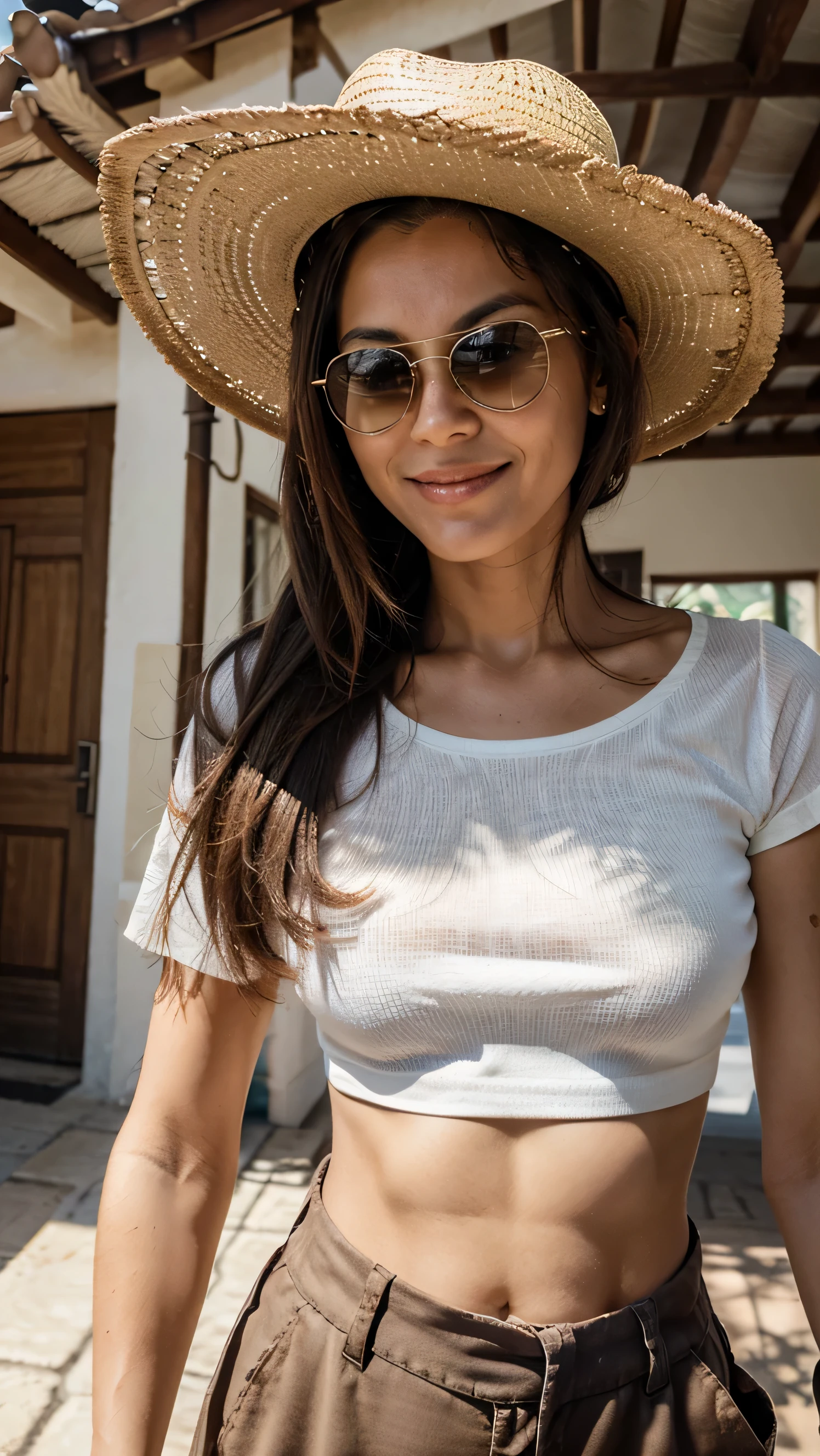 Mulher de 35 anos, cabelo longo, olhos castanhos, cabelo liso, sorriso, camisa branca, mulher fora de casa, tirando selfie, looking at the camera, with round straw hat, Brown pants, sunglasses, mulher tirando selfie fora de casa