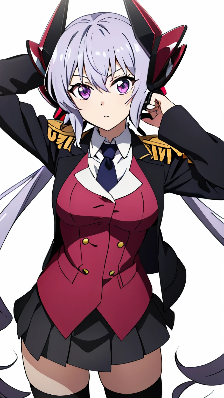 (best quality, 8K, high resolution, masterpiece:1.2), anime art style, yukine chris, 1 girl, perfect face, perfect eyes, large medium breasts, silver hair, low twin tails, pink hair ribbon purple eyes, thin twin tails, long hair, soft expression, alone, (Jacket, epaulettes, tie, miniskirt, stylish pose, stylish angle, cowboy shot), viewer appreciation