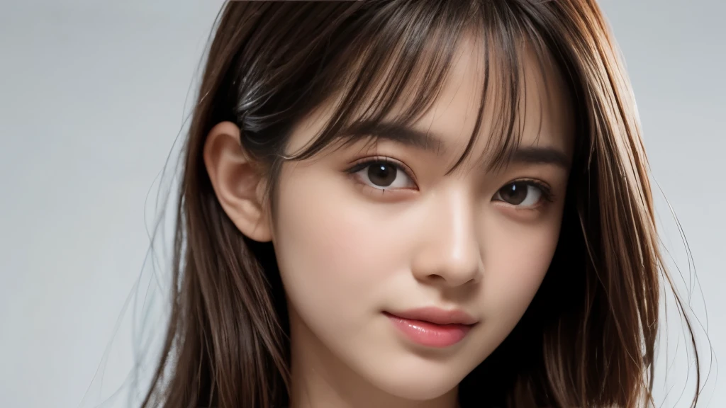 (Realistic: 1.4), (highest quality: 1.4), (Fine grain), Full body shot, ((Blur the background)), ((Watching the audience)), ((1 female college student)), Black wavy hair, ((Plain clothes with little exposure)), Wide eyes, Blushed face, ((smile)), ((White background)), Highly detailed face and skin texture, Healthy Skin, 8k resolution