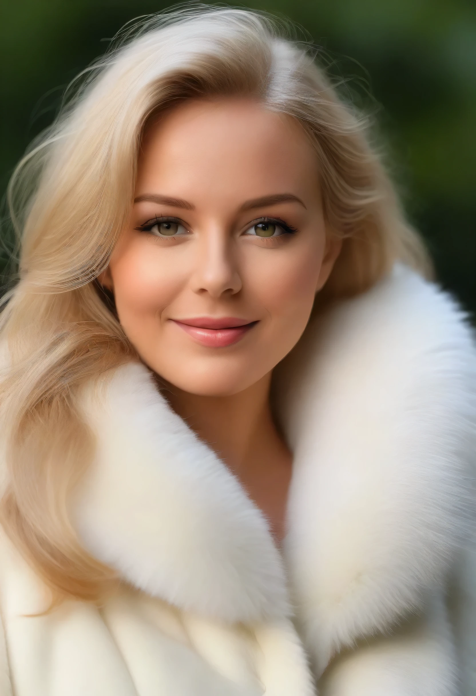 A very wide and very thick, manteau de fourrure extra long, en vison blanc, fifty centimeters thick, duveteux, naturel, with an ultra thick white mink fur collar, three layers, fully nude profile view, elle pose les mains sur les seins, bare shoulders, and two large breast discovered by the fur, at sunny chef-d&#39;artwork:1.2), Ultra-detailed, (Realistic, photo-Realistic:1.37), Portrait, Femme  scandinave, 35 ans, joufflu, "Ingrid Mueller" (tresses de cheveux blond clair), , natural lighting, ombres douces, palette de couleurs vertes, relaxed expression, cheveux blonds courts et lisses , frange,, doux sourire, atmosphère paisible, feuilles de printemps,  corps naturel, pose naturelle, , humeur sereine, fond harmonieux, High resolution, Detailed eyes, joues roses, happy  photoRealistic, ,  best quality, 4k, 8K, haute résolution vue du corps trois quart