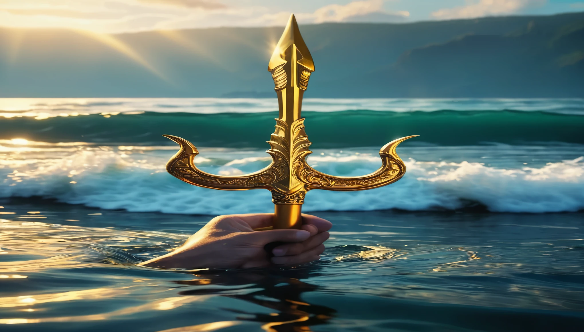 A hand holding a trident emerges from the sea, with the golden trident gleaming brightly. The background showcases crashing waves. (best quality, ultra-detailed), shimmering reflection on water, vibrant colors, dramatic lighting