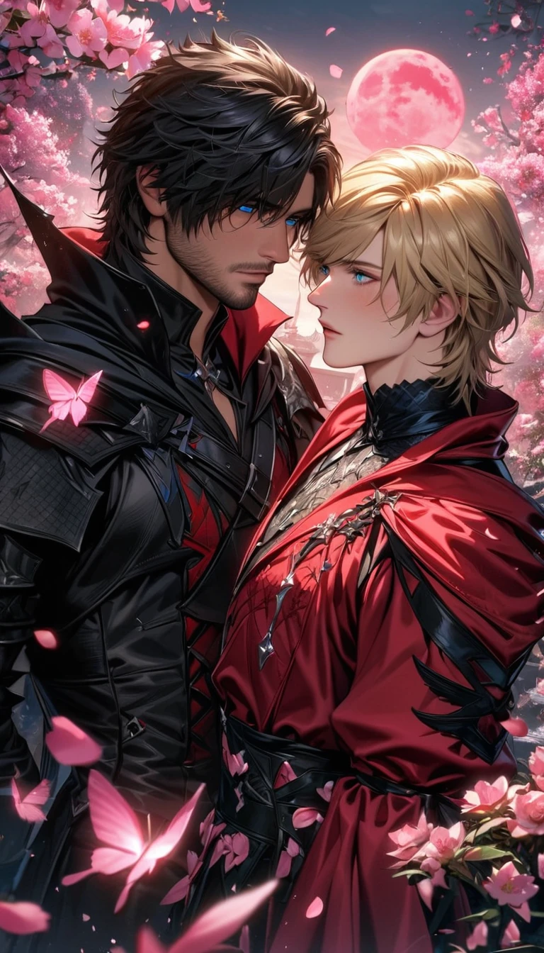 absurdres, highres, ultra detailed, HDR, master piece, best quality, Clive Rosfield, black hair, expressive blue eyes, Final Fantasy XVI, Joshua Rosfield, blond hair, expressive blue eyes, 2men together, gay, handsome, black and red clothes, pink petals, pink moon, pink flowers, pink butterflies, blossoms