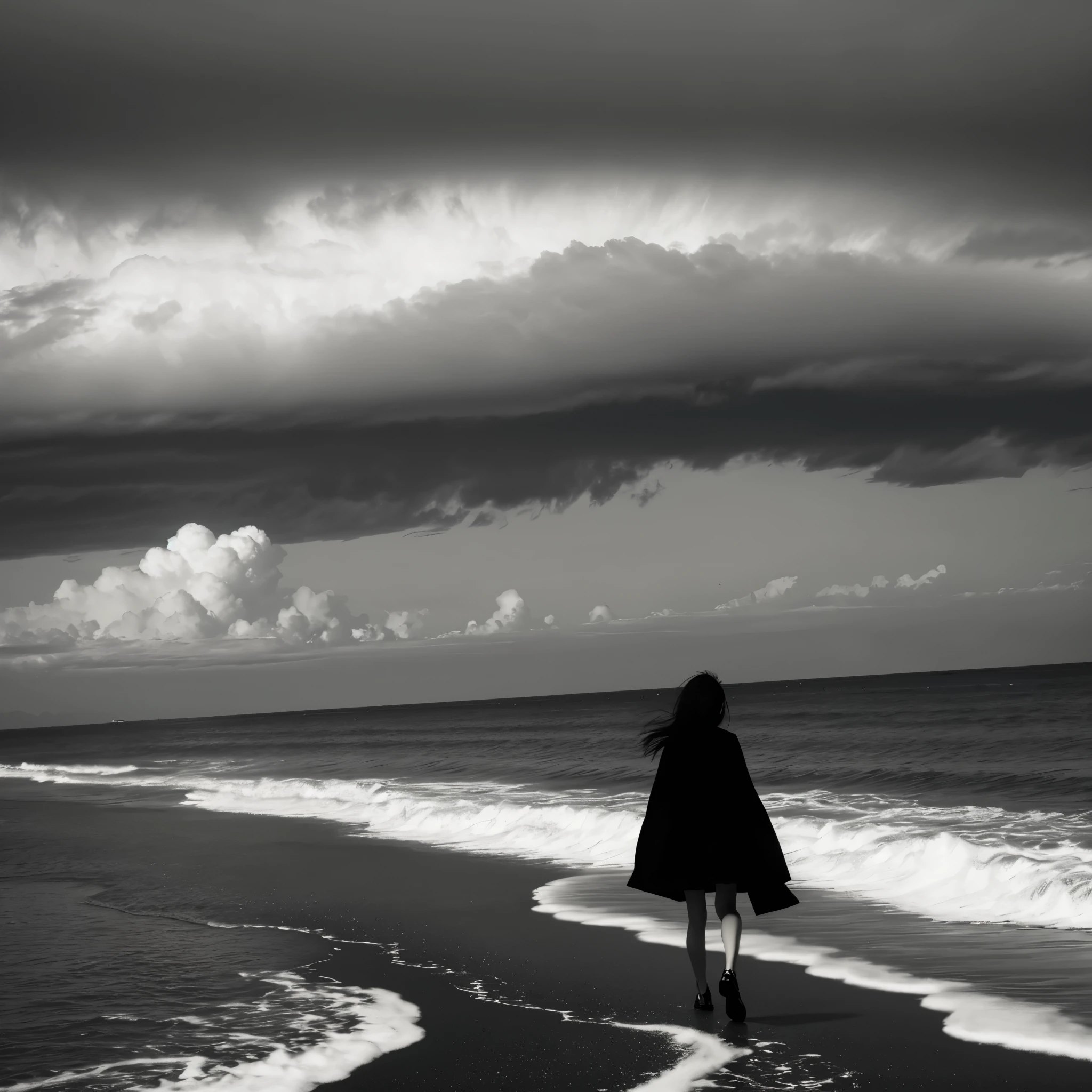 Black and White Photography、(High Contrast:1.7)、The Sea of Terror、Summer sea、Summer Clouds、(cumulonimbus:1.0)、