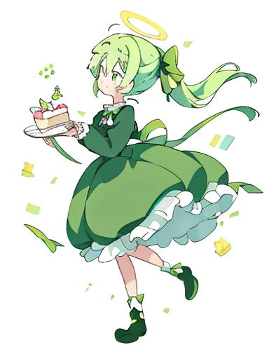 Expressionless face，Anime Style，profile，White background，Green Hair，ribbon，One girl，Bright green eyes，uniform，Long Long Ponytail，Gorgeous cake dress， Full Body Lesbian，Adorable， skirt，clavicle，long sleeves，Frills，halo，hair bow, empty eyes, smile