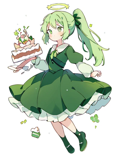 Expressionless face，Anime Style，profile，White background，Green Hair，ribbon，One girl，Bright green eyes，uniform，Long Long Ponytail，Gorgeous cake dress， Full Body Lesbian，Adorable， skirt，clavicle，long sleeves，Frills，halo，hair bow, empty eyes, smile