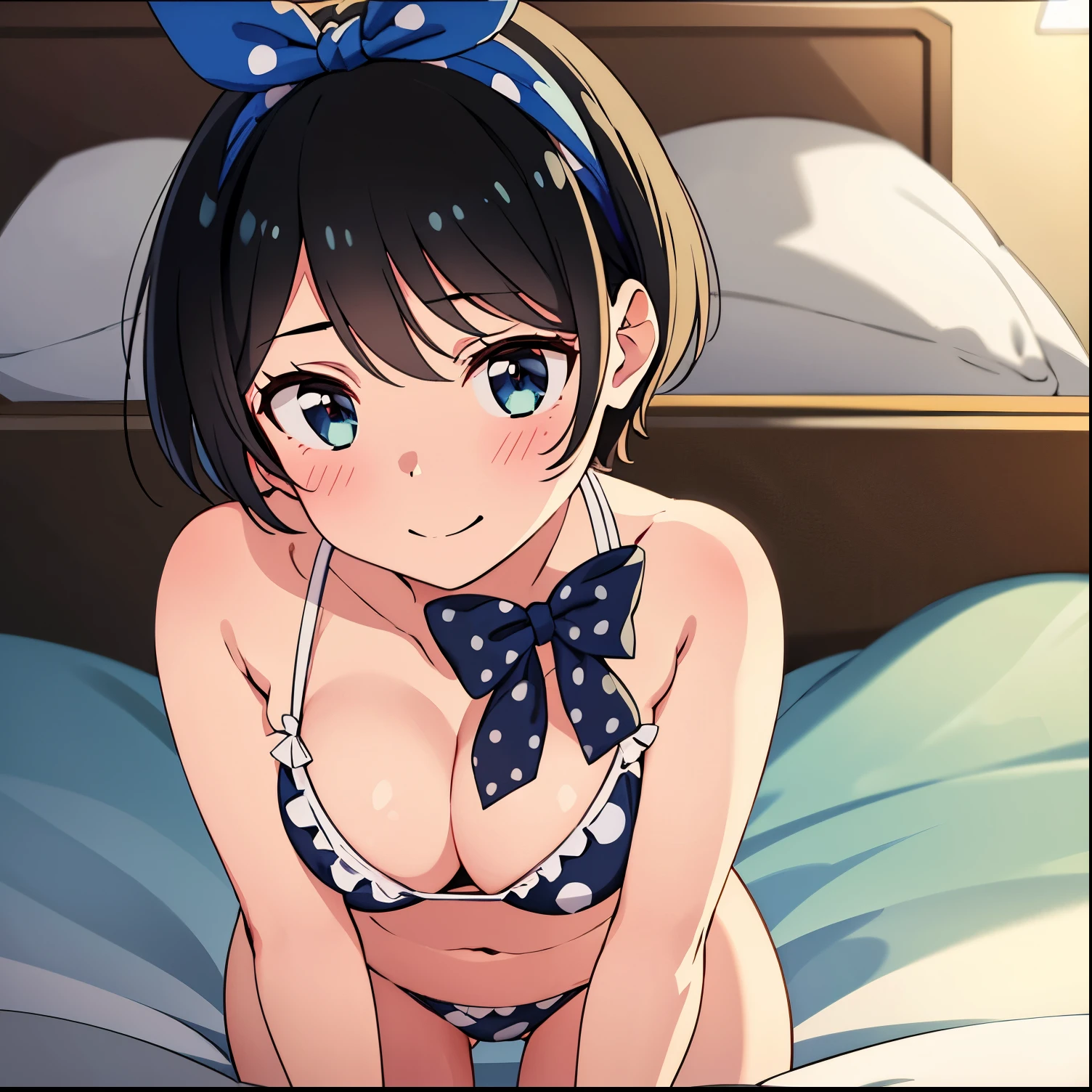 1girl, alone, ruka sarashina, main piece, high quality, high resolution, polka dot bun, a woman with dark hair, short hair, black hair, blue eyes, swimsuit, bikini, white bikini, ruffles, polka dots, bikini polka dots, black bow, bow, polka dot hairband, bangs, big full breasts, cleavage, medium waist, medium hips, wide thighs, cowboy photo, smile, seductive, embarrassed, hotel room, in bed, on all fours, facing viewer, point of view (from above), perfect hands, perfect anatomy