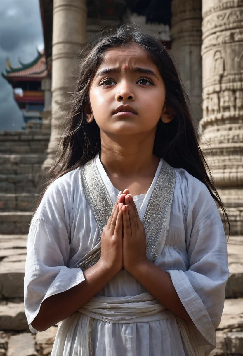 A lone orphan girl stands before a temple, her innocent face folded in prayer, hands clasped in reverence towards the divine. There's a glimmer of hope in her eyes, as if she's dedicating every moment of her life to the shelter of the divine. Suddenly, a fierce storm approaches, shaking the temple walls violently. What should the girl do to save herself 4k High quality realistic