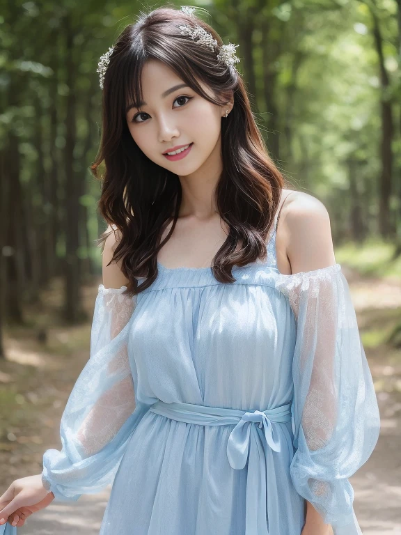 リアルな写真image quality、８ｋimage quality、She wore a sheer pale blue mini dress.２０Old Japanese woman, beautiful young japanese women, gorgeous young japanese women, Beautiful Japanese girl face, Beautiful girl model, Japanese Model, Cute and elegant pose, Beautiful model girl, Cute young woman, Elegant Japan Woman, smile、Stroll along forest paths、big breasts